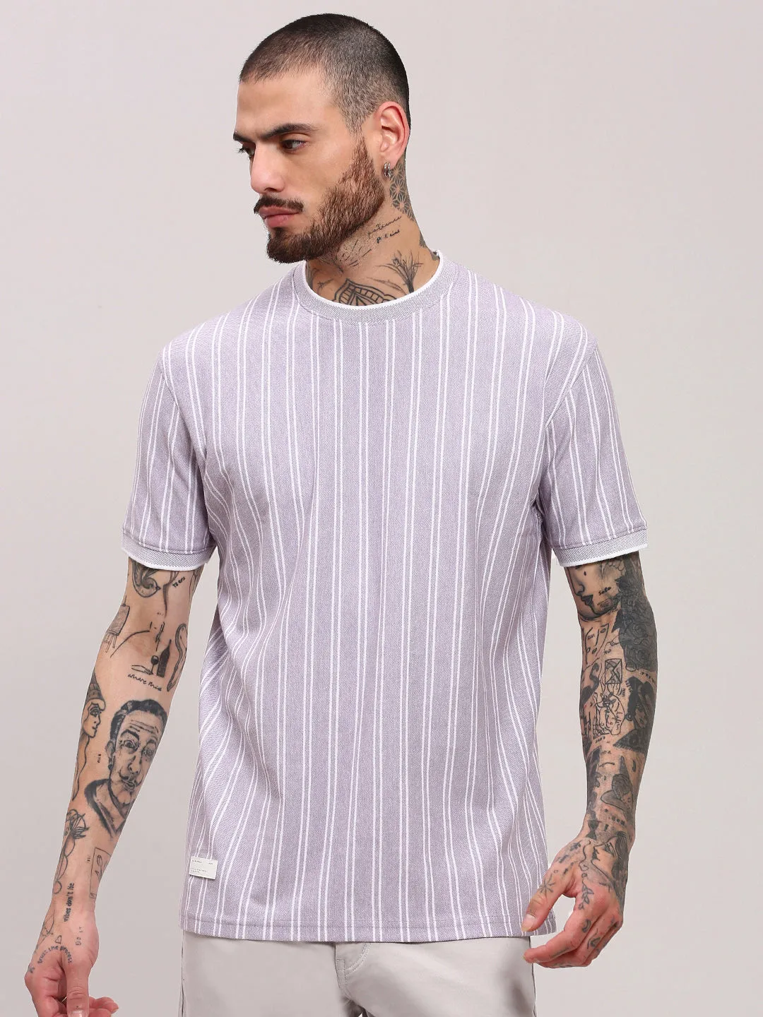 Men's Purple Striped T-Shirt Soft Comfort Minimalist Wear