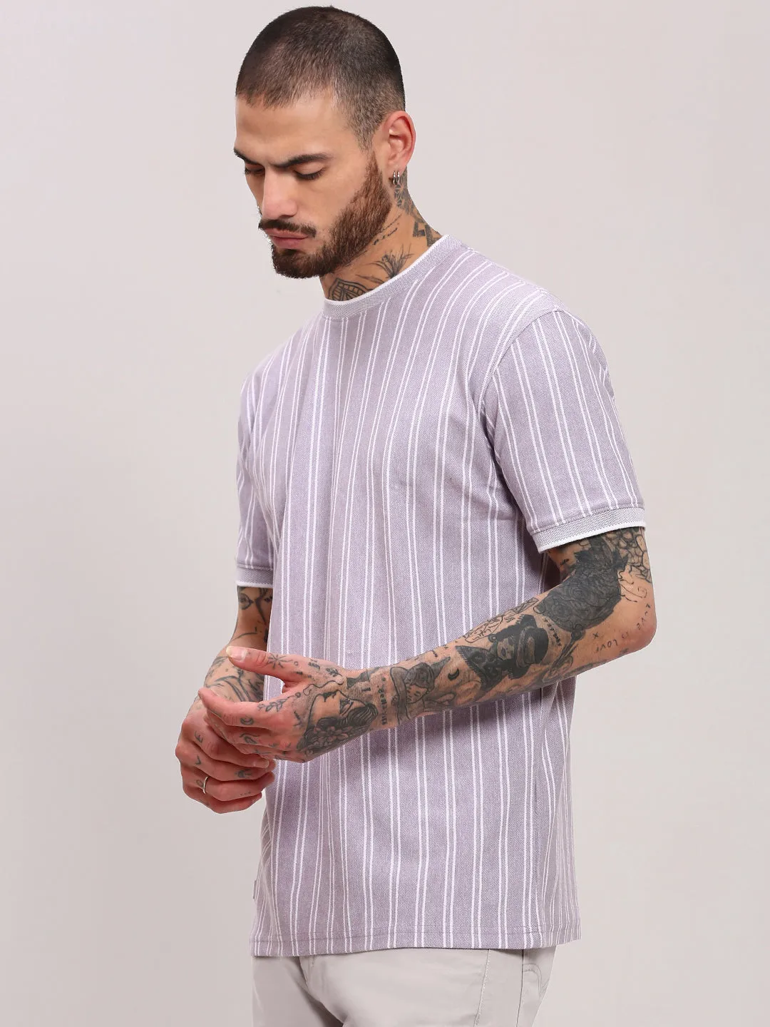 Men's Purple Striped T-Shirt Casual Chic Essential Bold