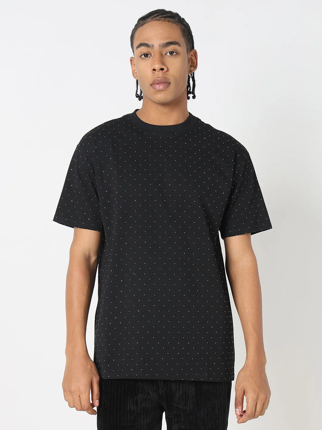 Tulle Soul Men's Black Relaxed Fit T-Shirt with Stone Embellishment