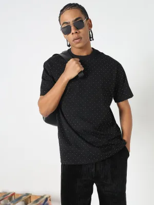 Men's Black Relaxed Fit T-Shirt with Stone Embellishment BalancedDrape Strong Denim