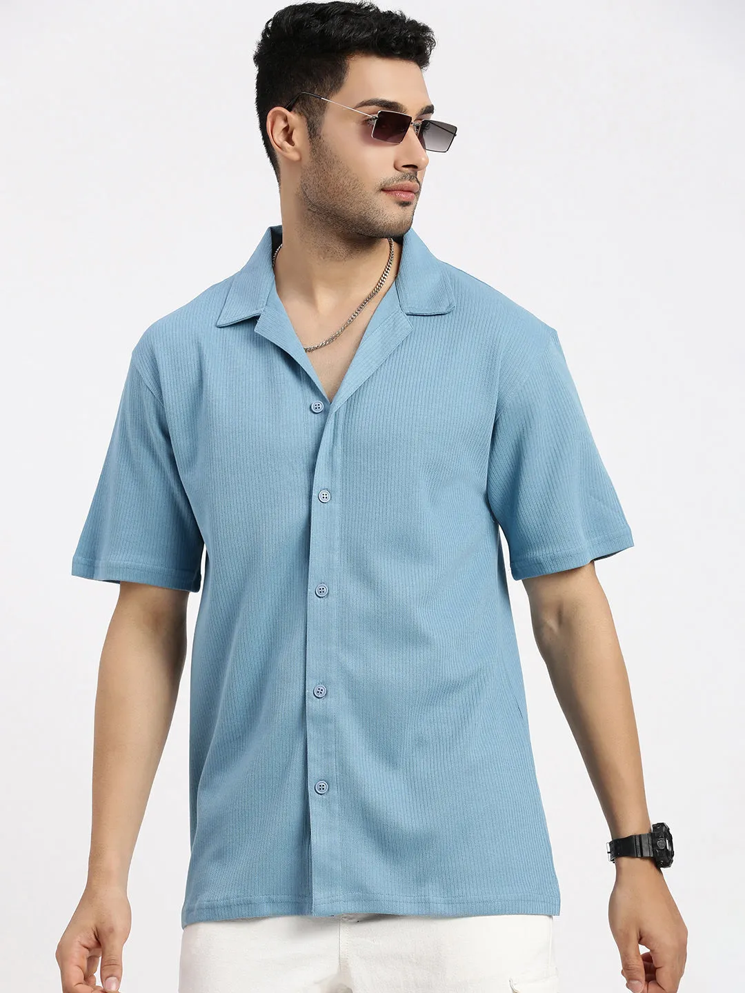 AntiStatic Cloth Cotton Glow Men's Blue Cuban Collar Solid Cotton Shirt