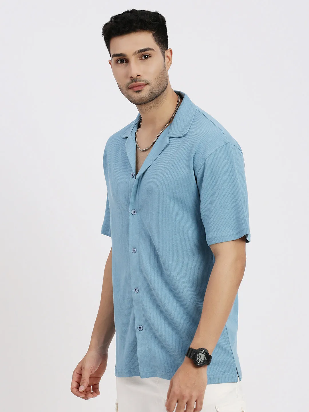 Silent Mood Moon Cool Men's Blue Cuban Collar Solid Cotton Shirt