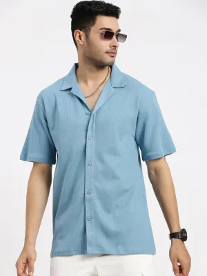 AntiStatic Cloth Cotton Glow Men's Blue Cuban Collar Solid Cotton Shirt
