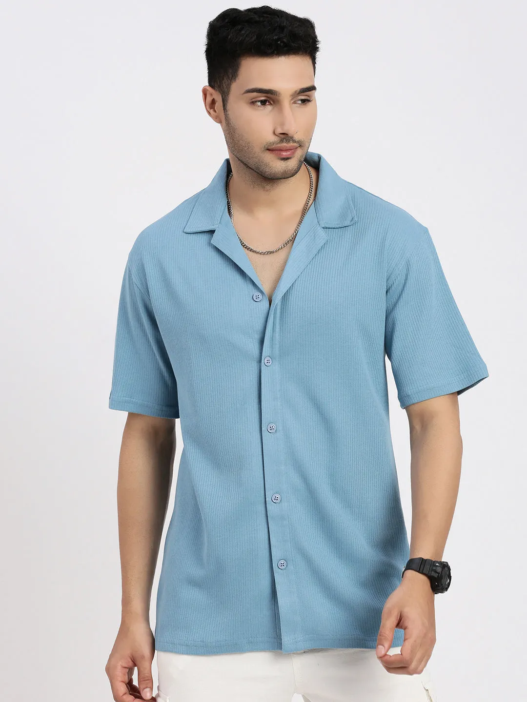 Road Look Men's Blue Cuban Collar Solid Cotton Shirt