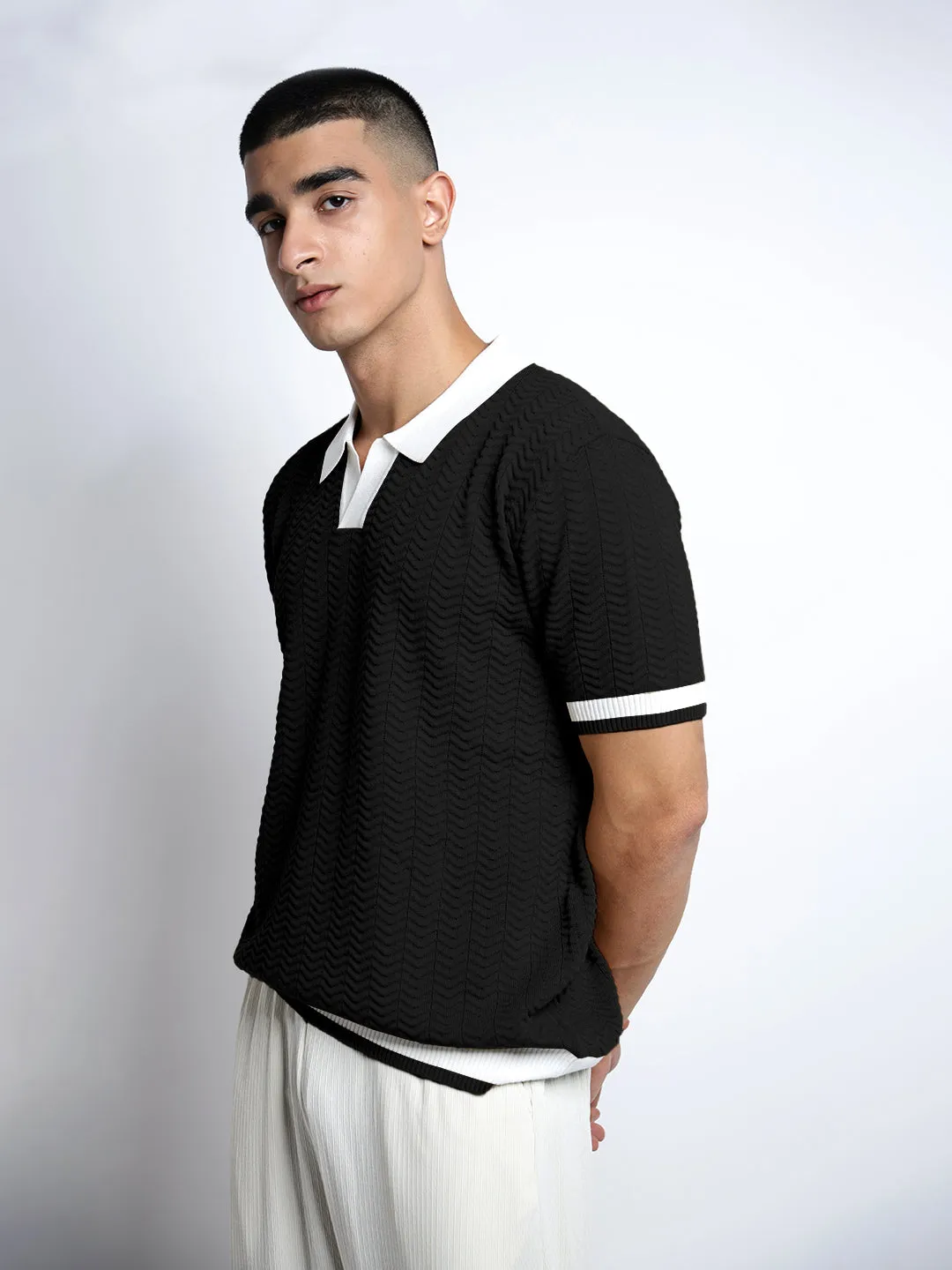 Functional Jacket Brave Fit Men??s Textured Black Short Sleeve Polo T-Shirt with Contrast Collar