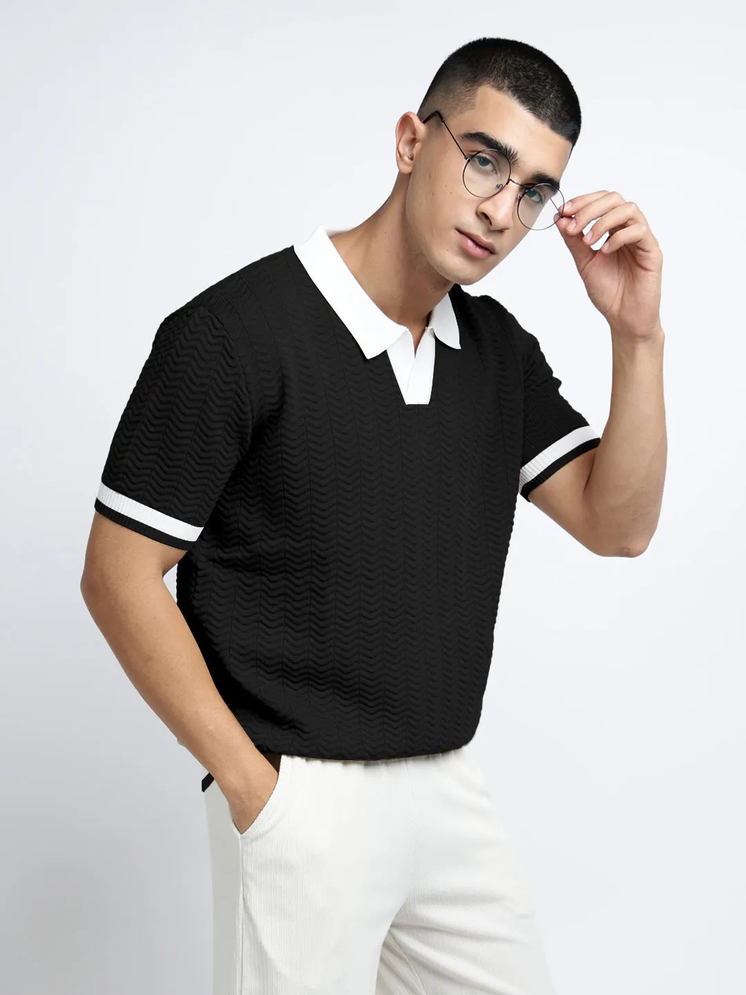 Men??s Textured Black Short Sleeve Polo T-Shirt with Contrast Collar Heavy Outerwear Craft Core