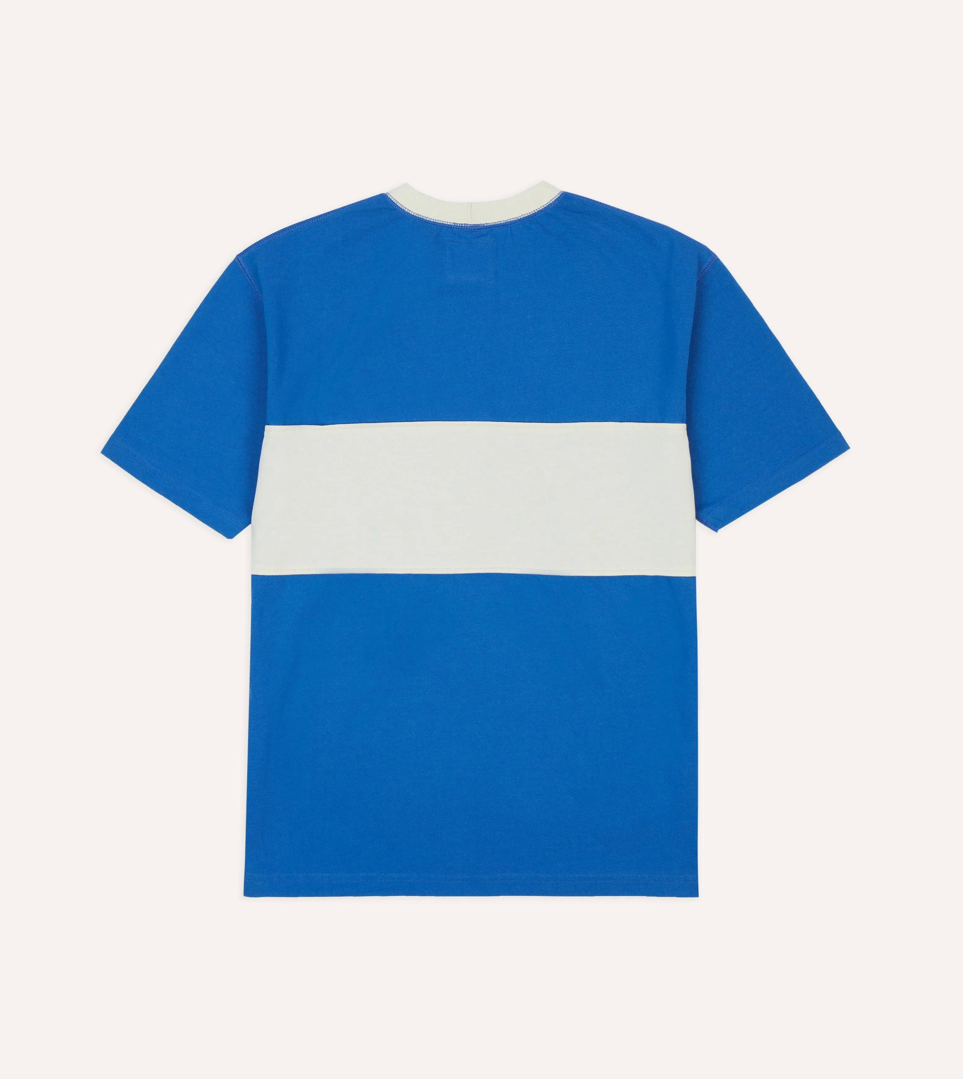 Blue and Ecru Panel Stripe Cotton Crew Neck Hiking T-Shirt Tubular Knit Structure