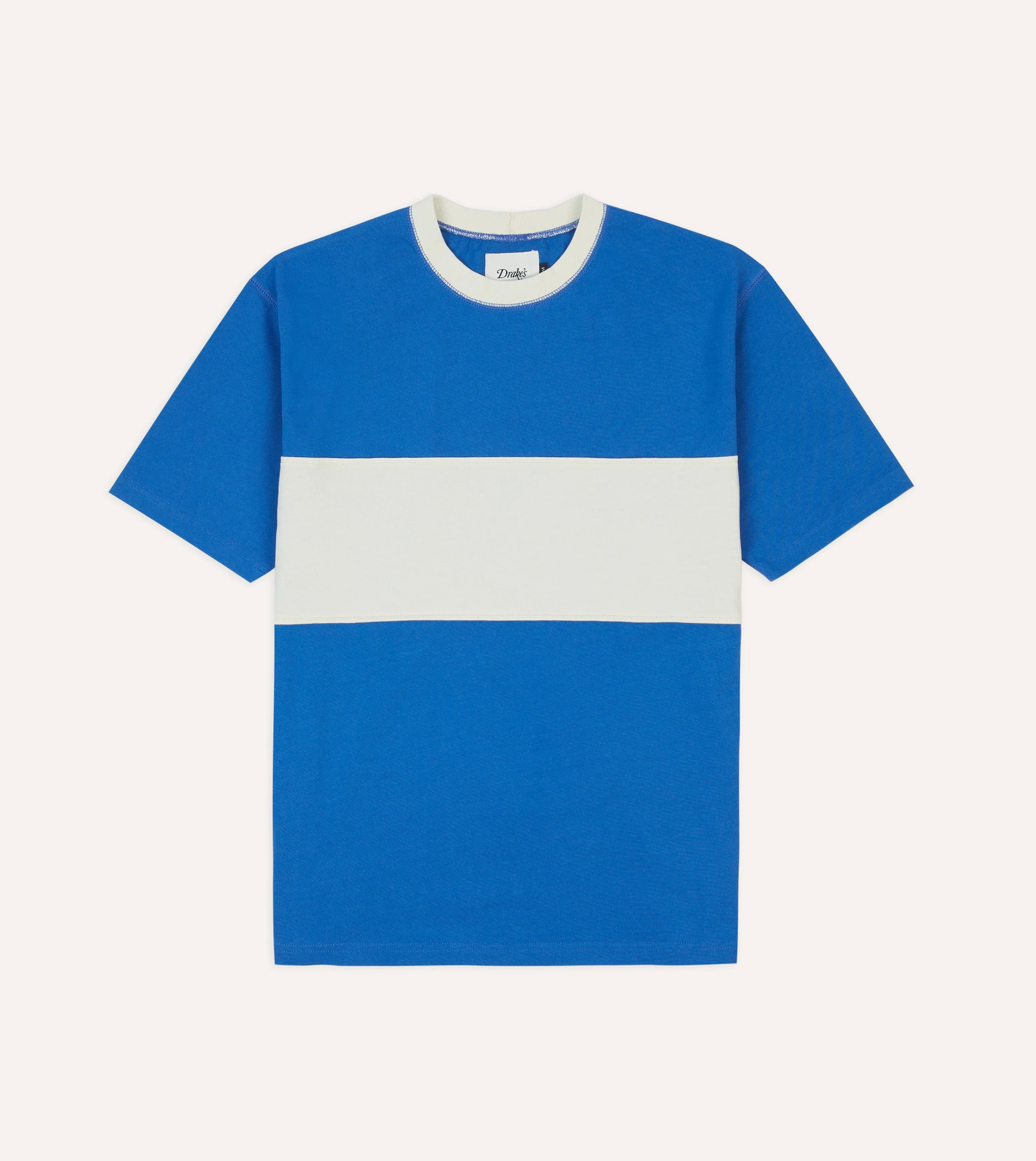Sun Protection Durable Color Retention Blue and Ecru Panel Stripe Cotton Crew Neck Hiking T-Shirt