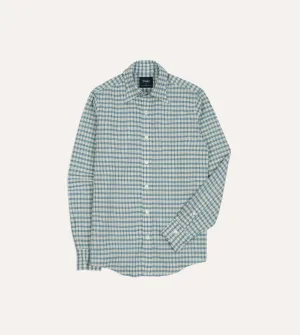 Blue and White Madras Check Cotton Long Point Collar Shirt Adjustable Hem Modern Casual