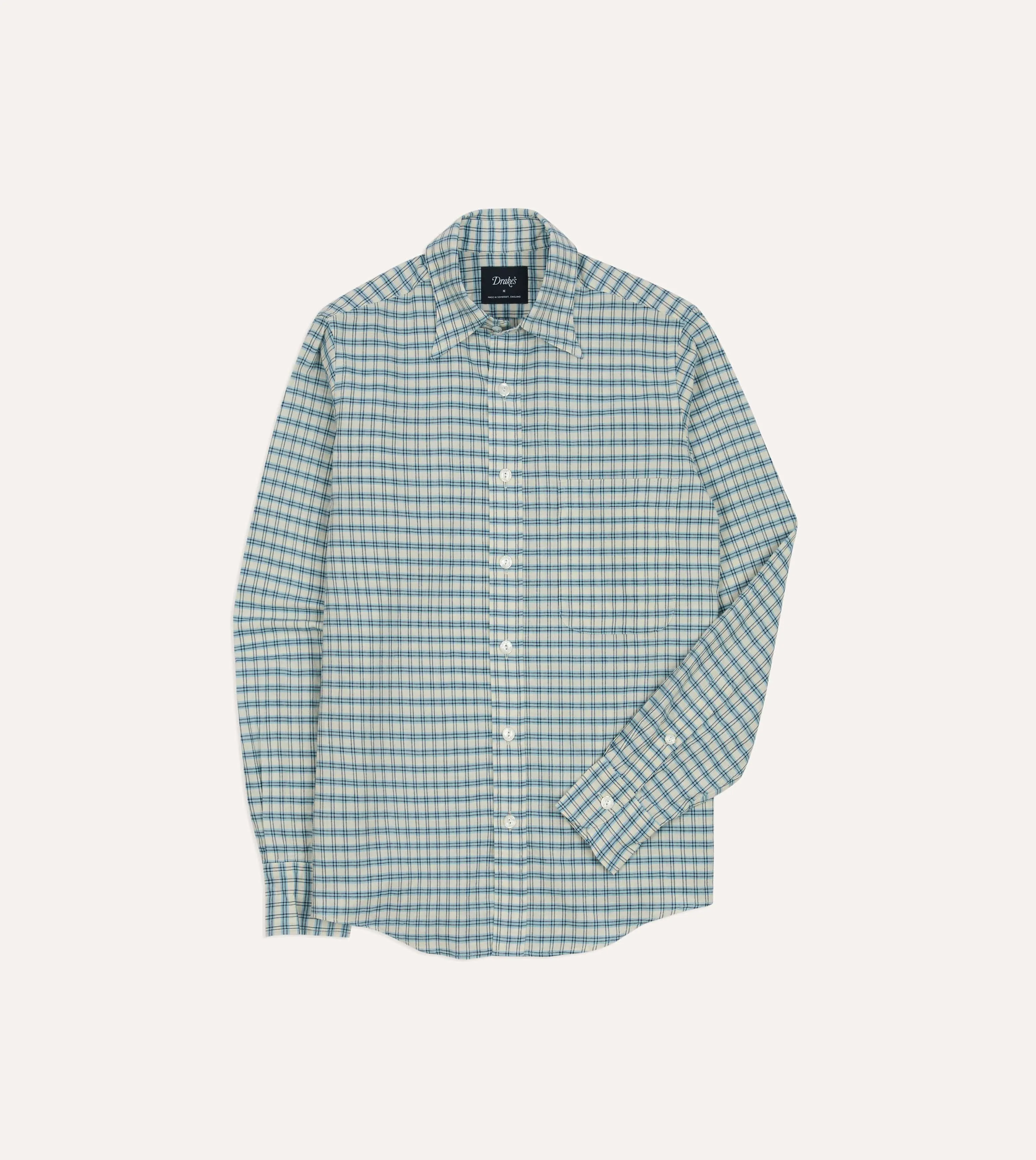 Blue and White Madras Check Cotton Long Point Collar Shirt Adjustable Hem Modern Casual