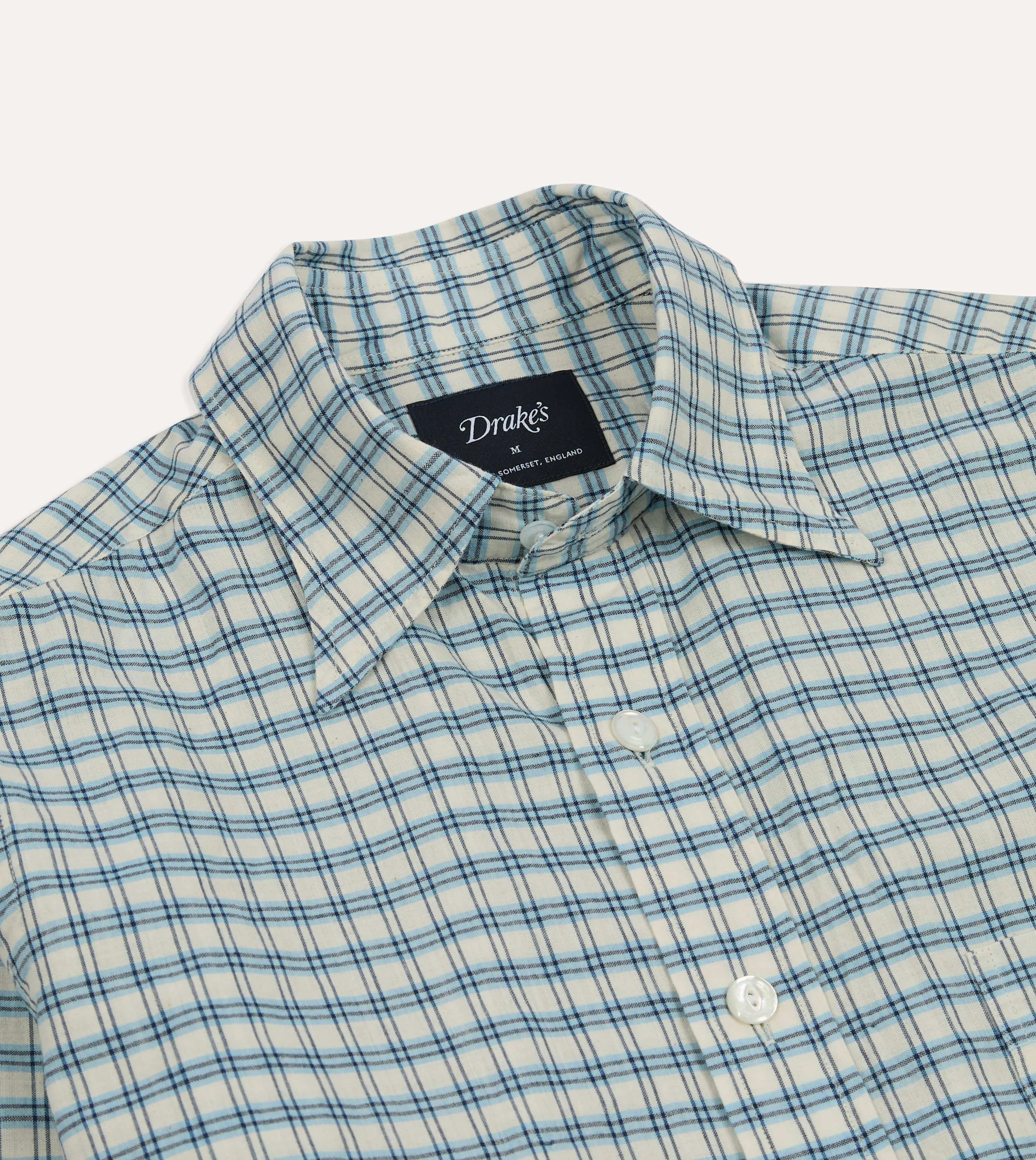 Micro Perforated Fabric Blue and White Madras Check Cotton Long Point Collar Shirt