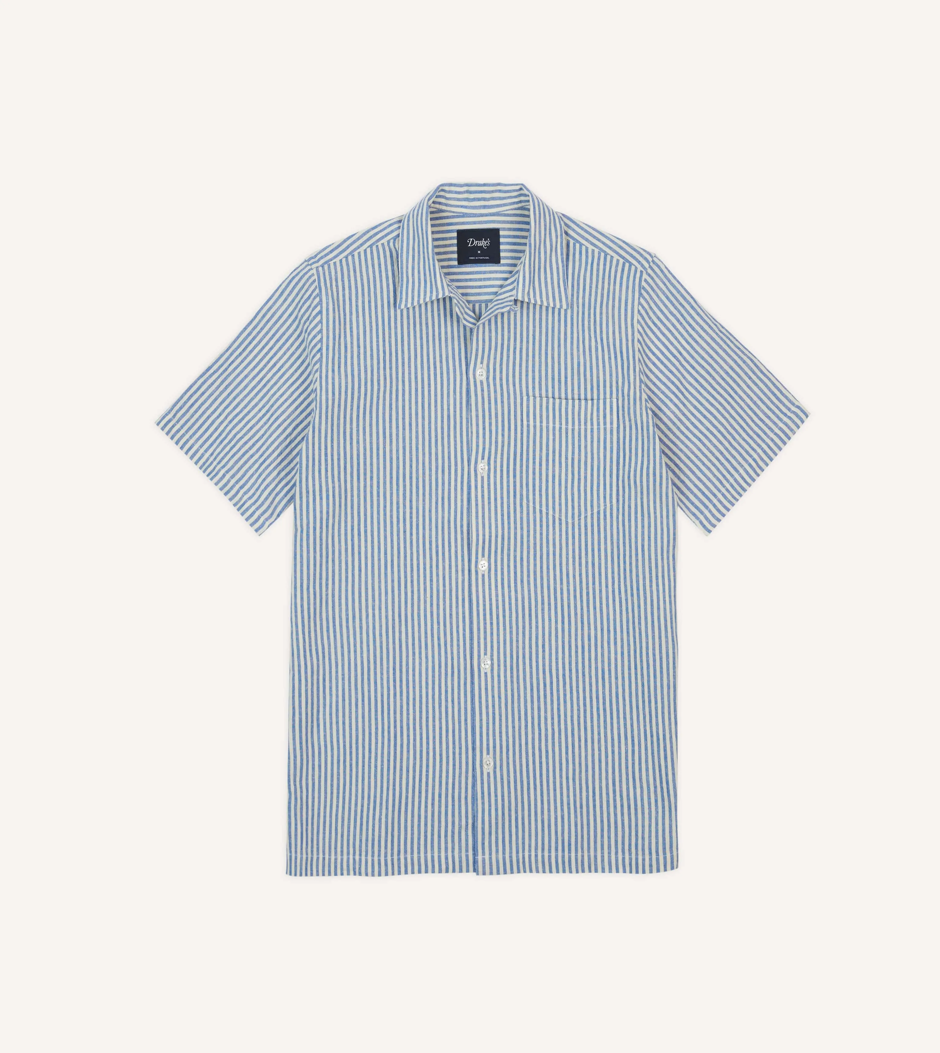 Blue and White Stripe Cotton-Linen Camp Collar Short Sleeve Shirt Wear Resistant Fabric