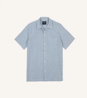 Blue and White Stripe Cotton-Linen Camp Collar Short Sleeve Shirt Wear Resistant Fabric