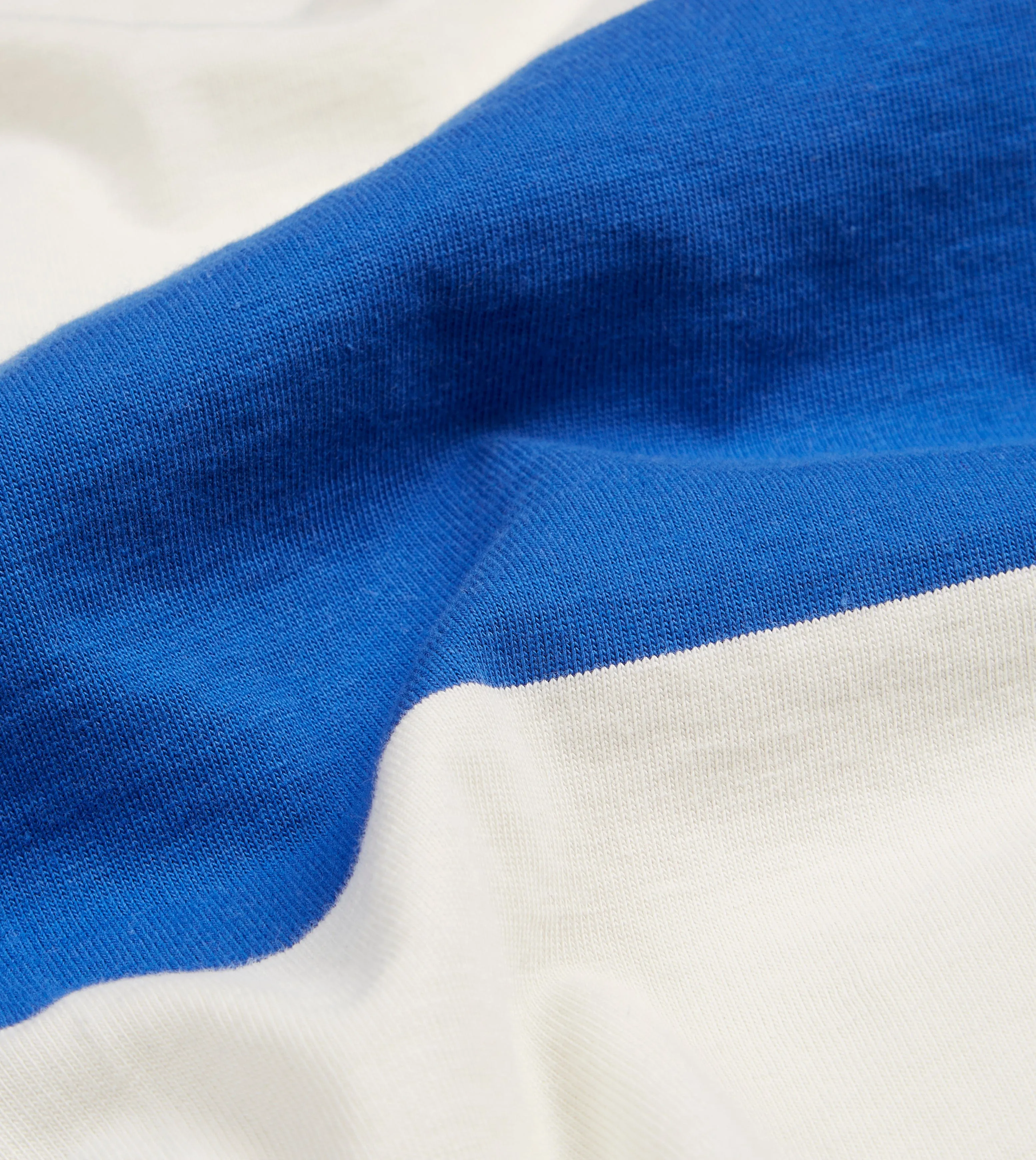 Blue and White Wide Stripe Mock Collar Long-Sleeve Jersey Tagless Neckline Cozy Vibe