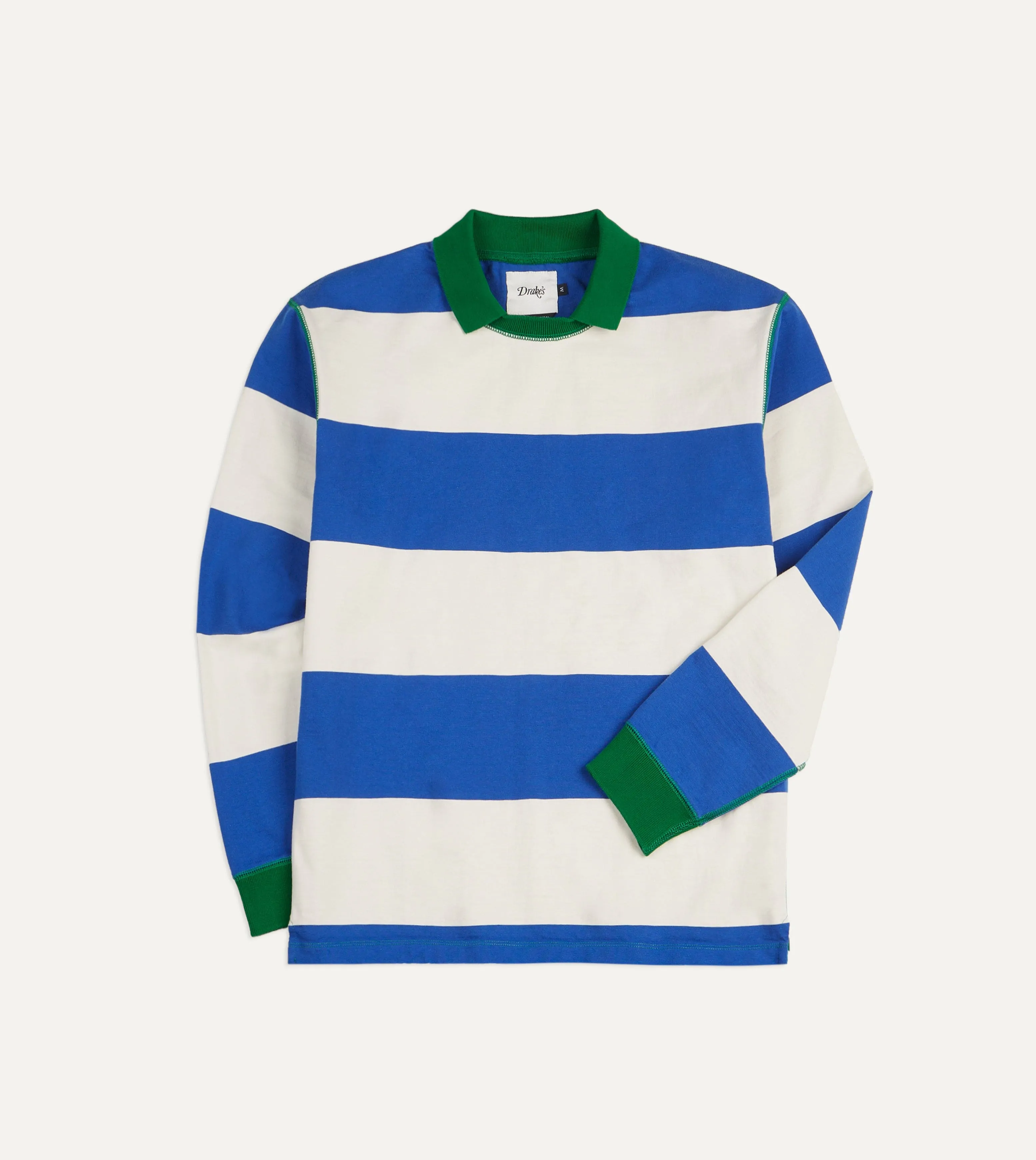 Blue and White Wide Stripe Mock Collar Long-Sleeve Jersey Light and Breezy