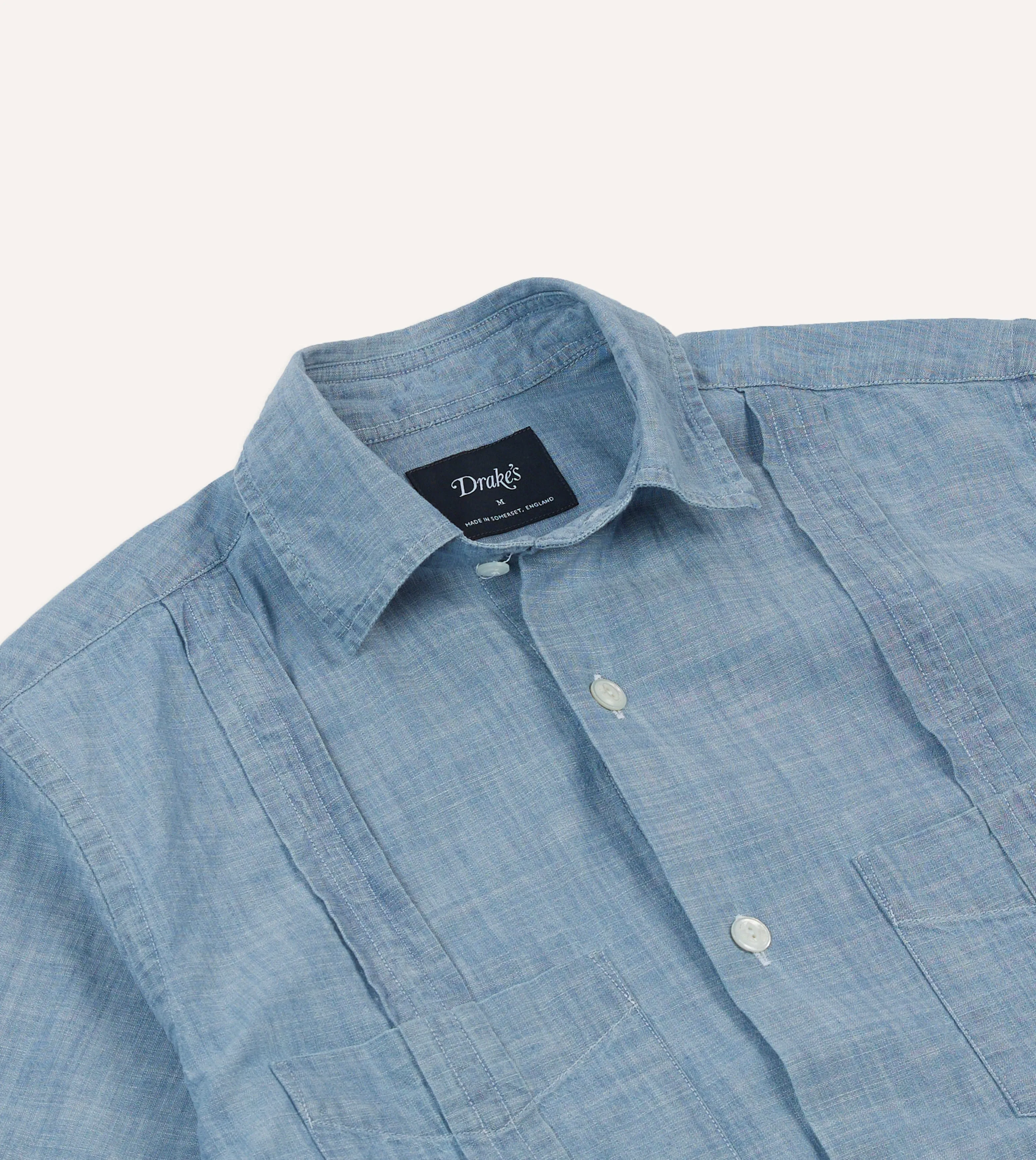 BreathableFabric Chilly Day Wear Blue Chambray Short Sleeve Cuban Shirt
