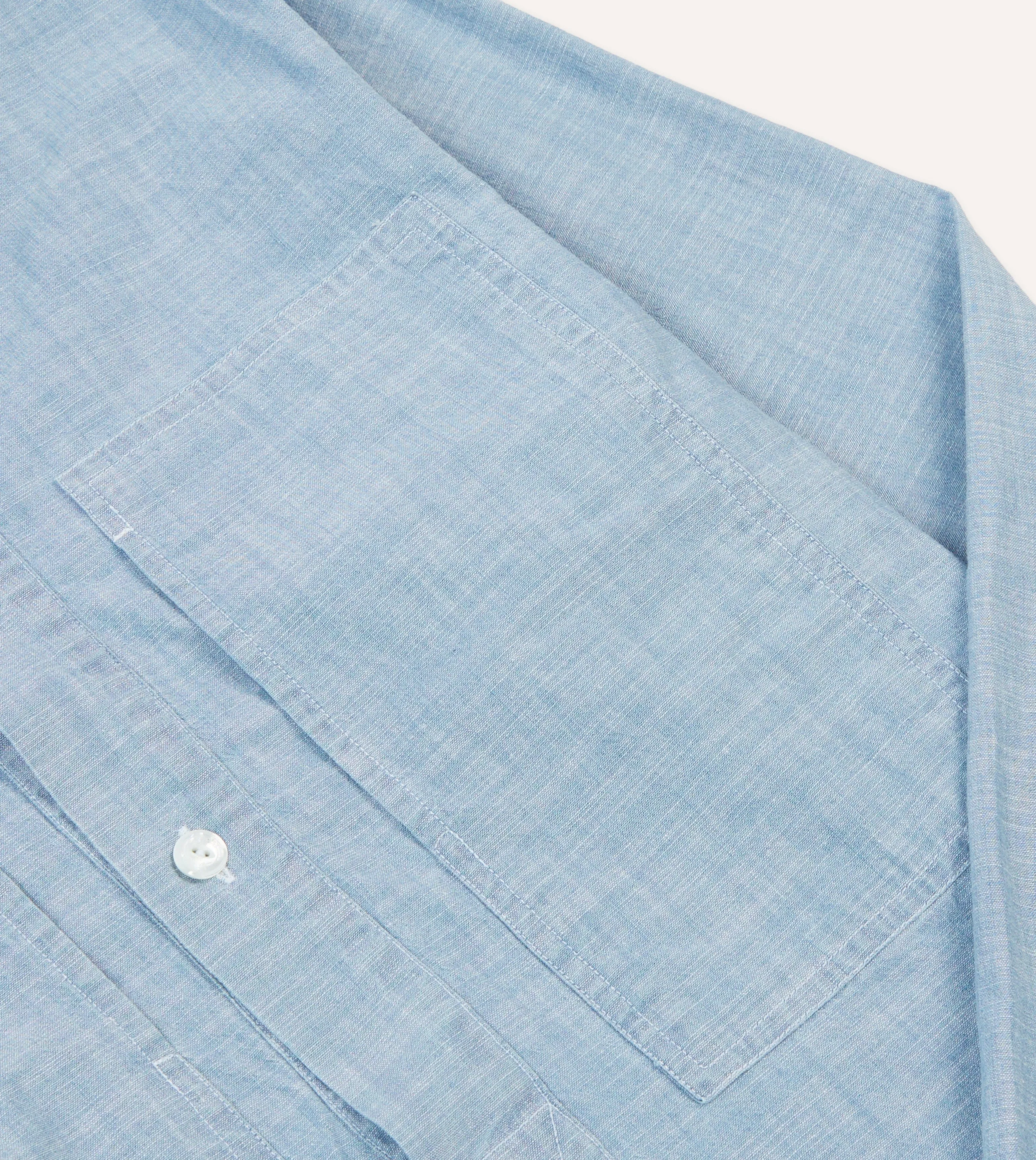 Blue Cotton Chambray Spread Collar Popover Shirt quick dry