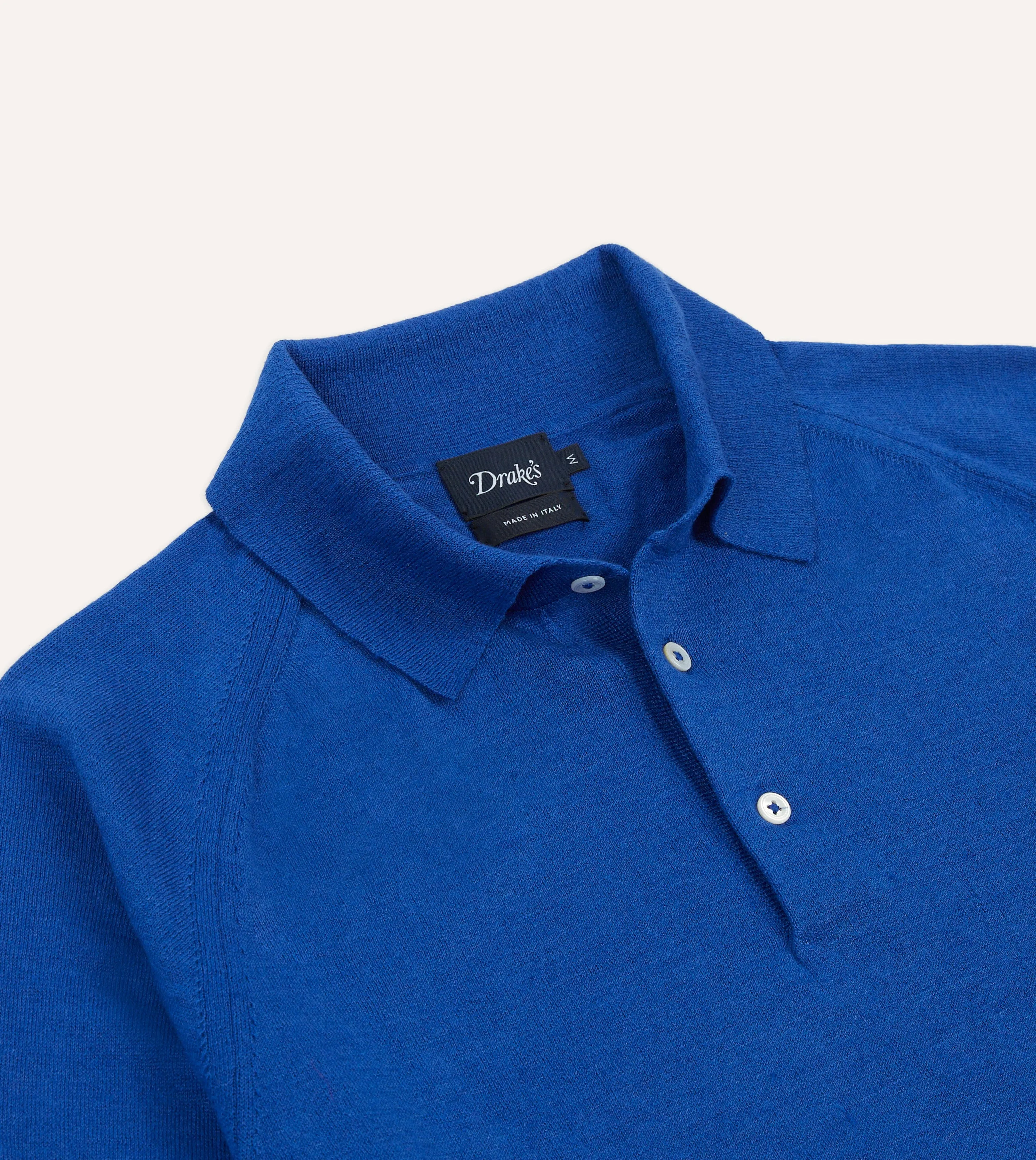 Chunky Cable Knit Blue Linen-Cotton Knitted Long-Sleeve Polo Shirt