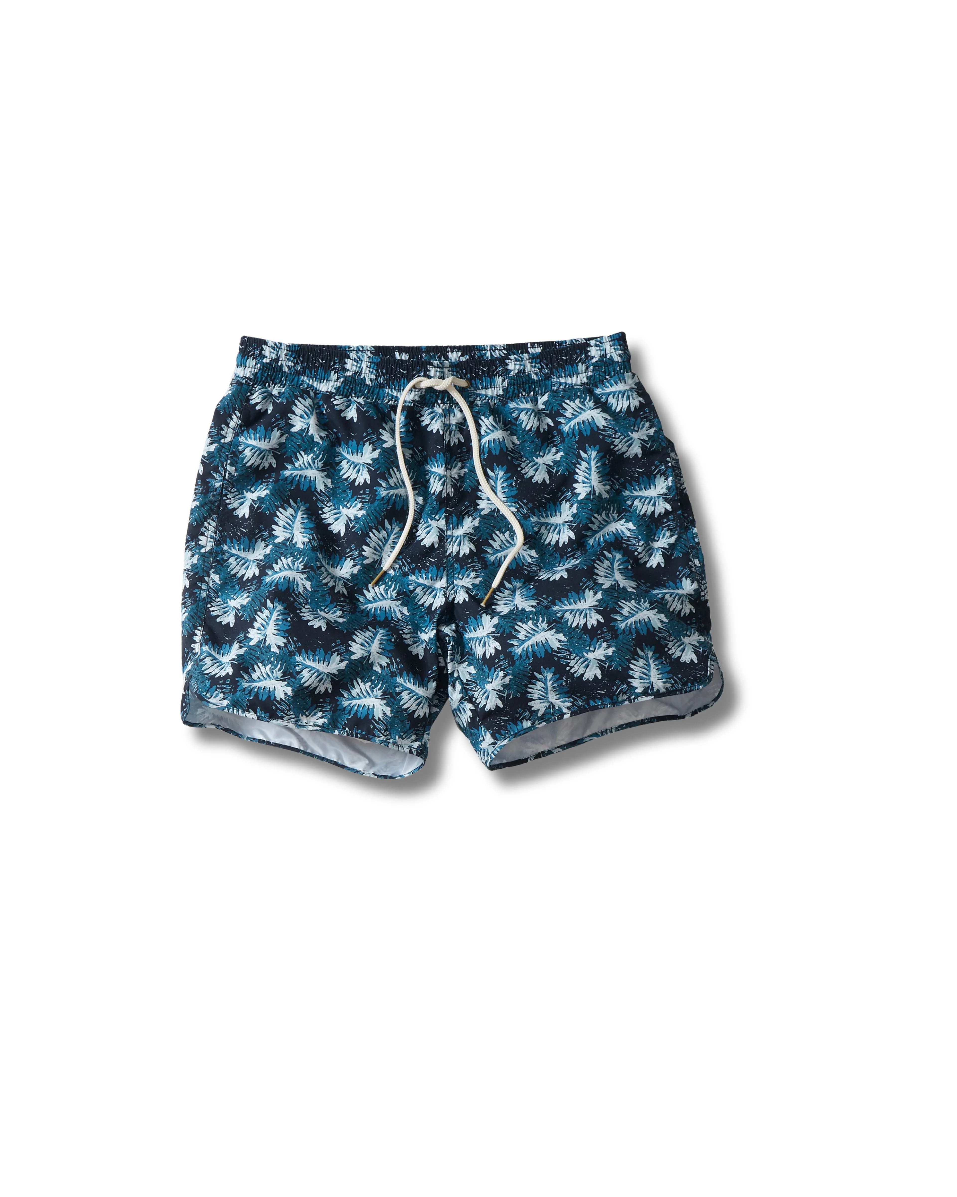 Quick Action Fit warm weather Blue Palms Eco Swim Trunk 6" - Navy Green Leaf