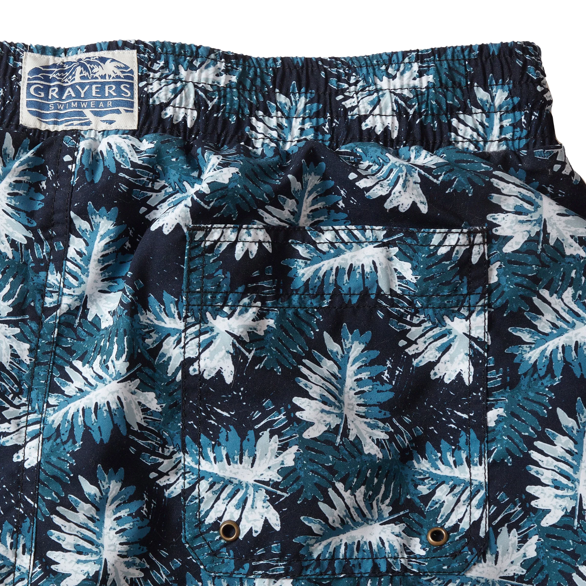 Color Variety UV Protective Coating Blue Palms Eco Swim Trunk 6" - Navy Green Leaf