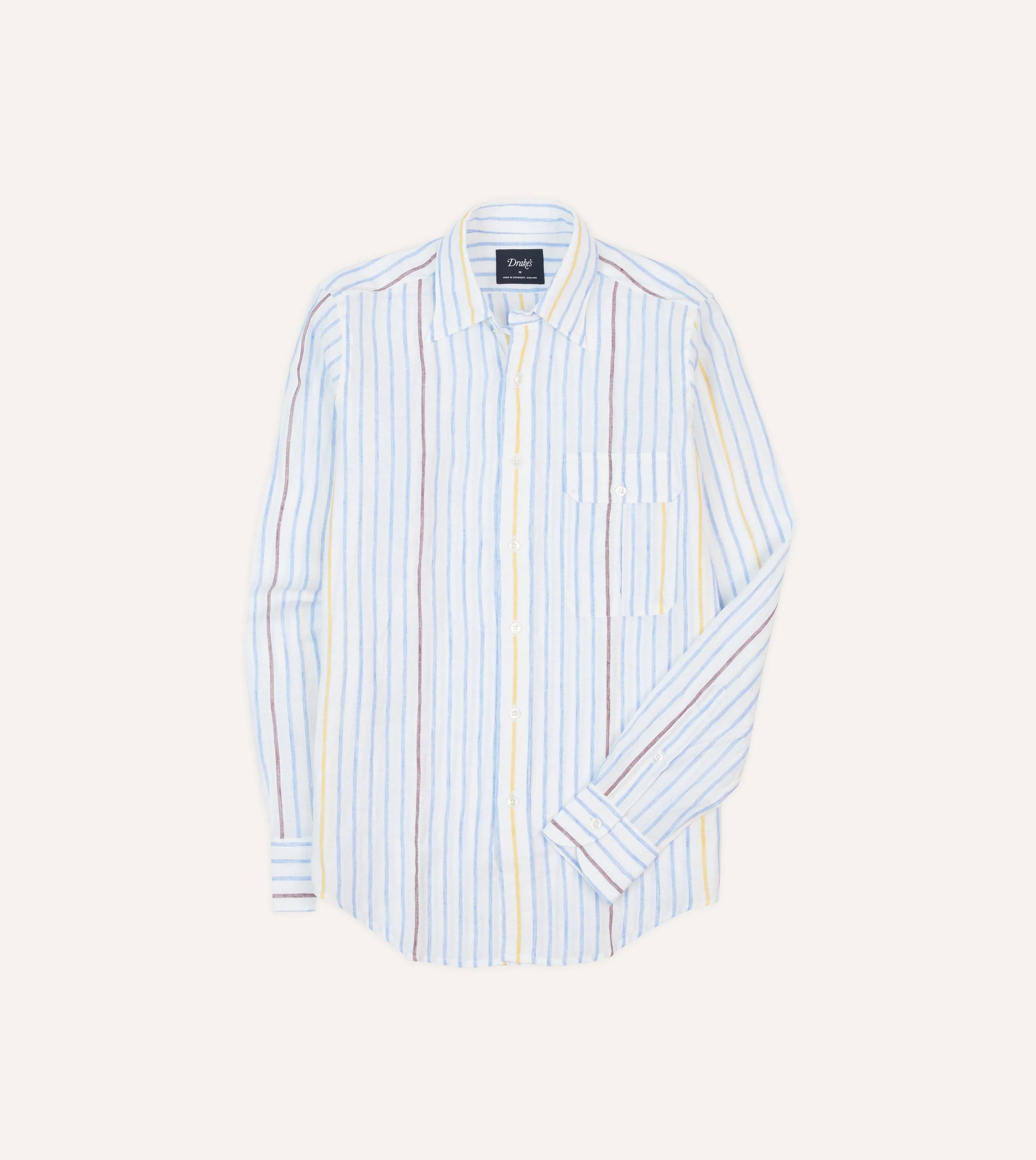 Blue, White and Yellow Stripe Linen Long Point Collar Shirt Relaxed Vibe Quick Access