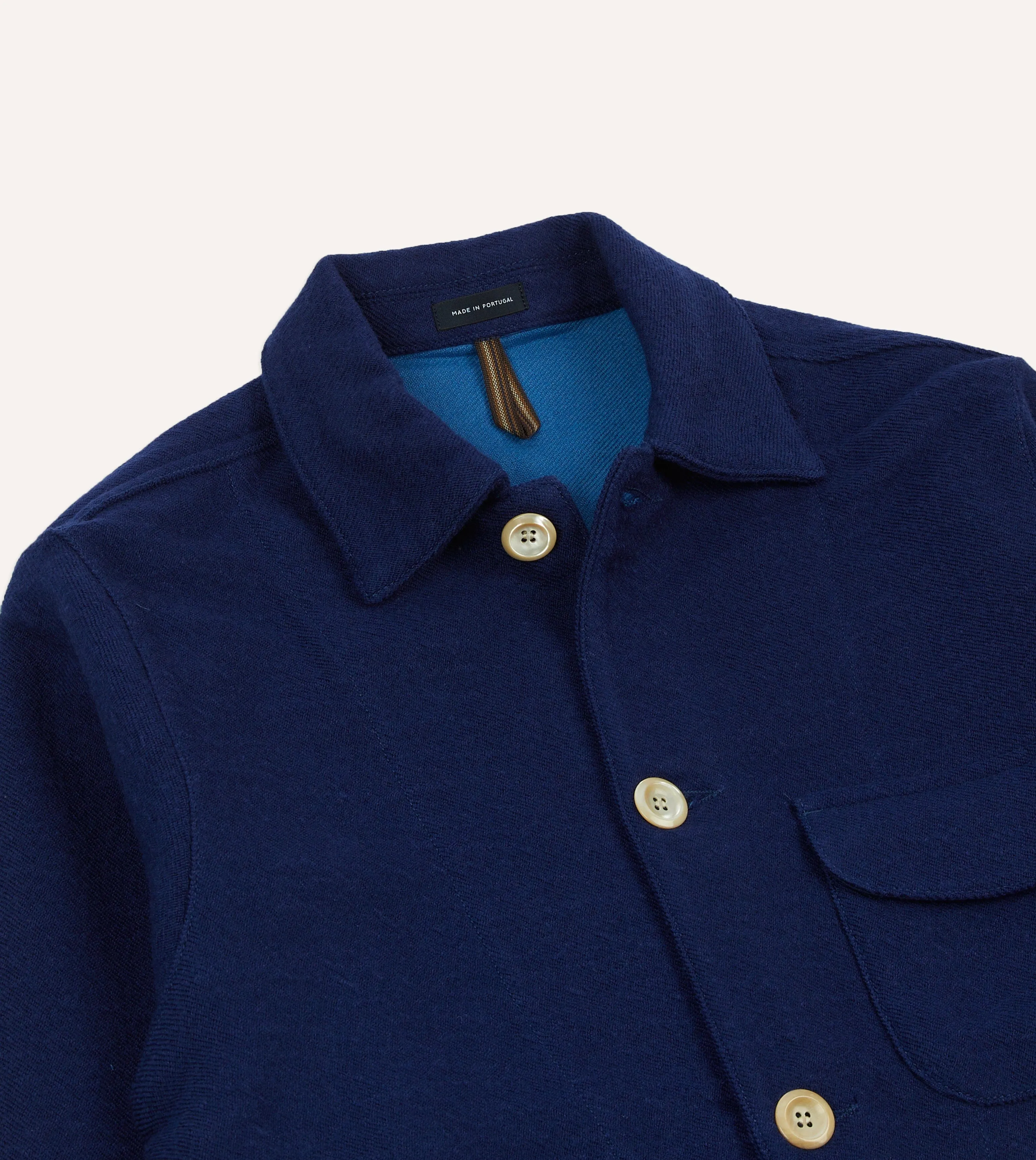 Heat Tech Fabric Blue Wool-Linen Three-Pocket Chore Jacket