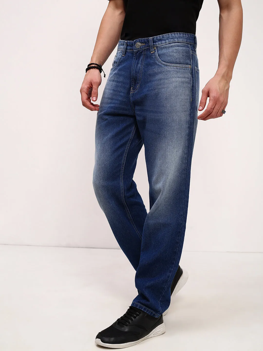 Men's Blue Solid Straight Fit Low-Rise Jeans Relaxed Style Neutral