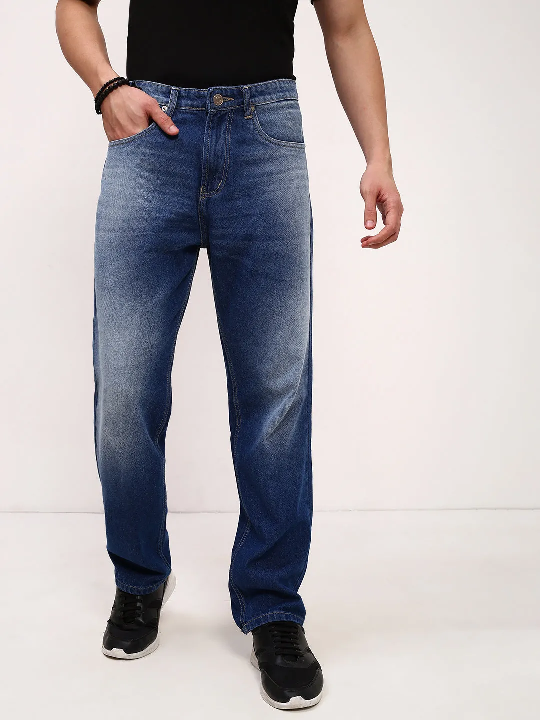 Men's Blue Solid Straight Fit Low-Rise Jeans Wide Leg Silhouette Core Item