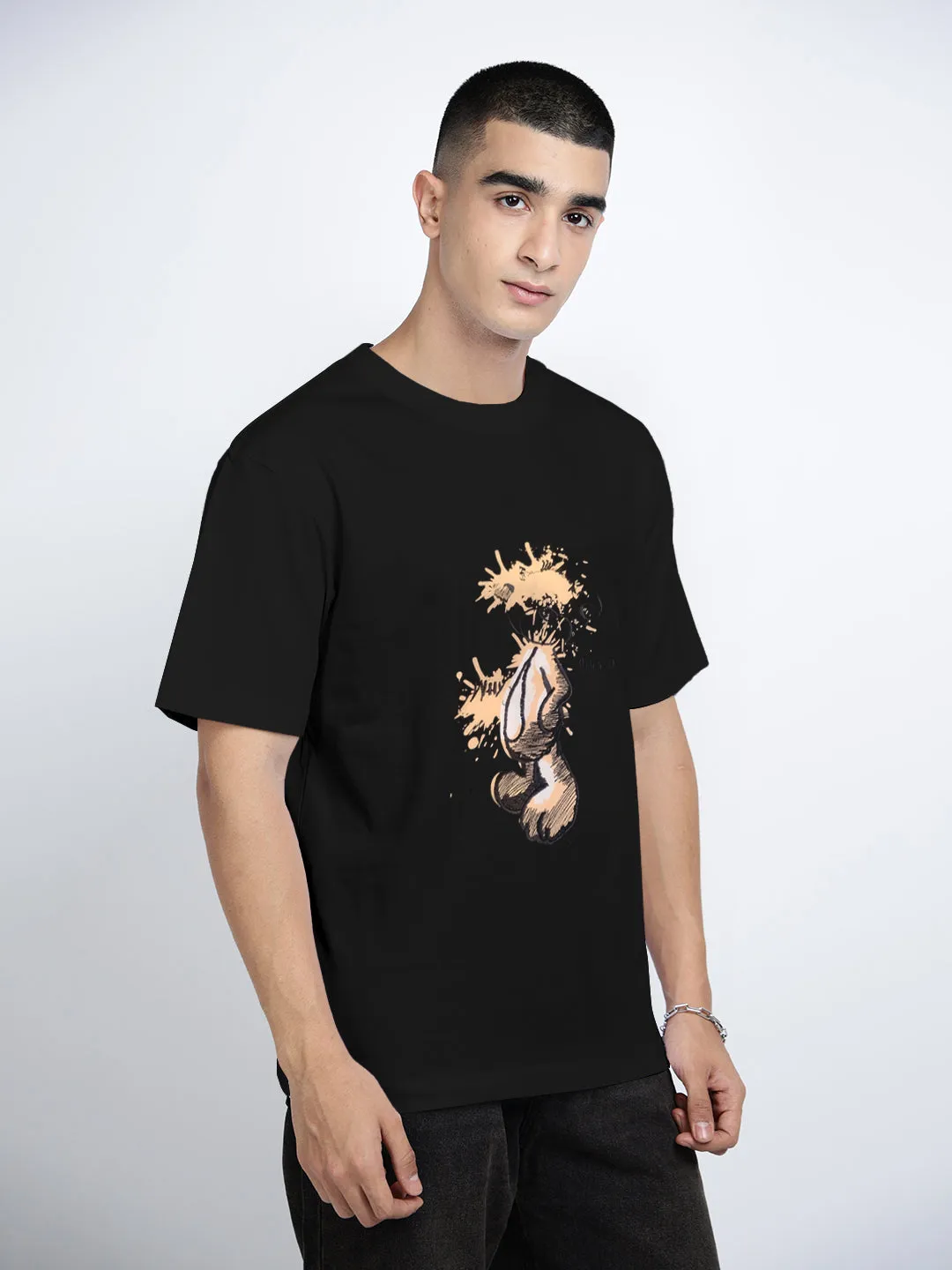 Men's Graphic Print Black Short Sleeves Round Neck Regular Fit T-Shirt Glitter Glow Quiet Luxury