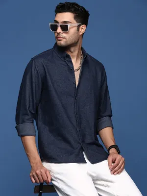 Men's Navy Blue Solid Indigo Cotton Standard Slim Fit Casual Shirt Luxury Touch WrinkleFreeFabric