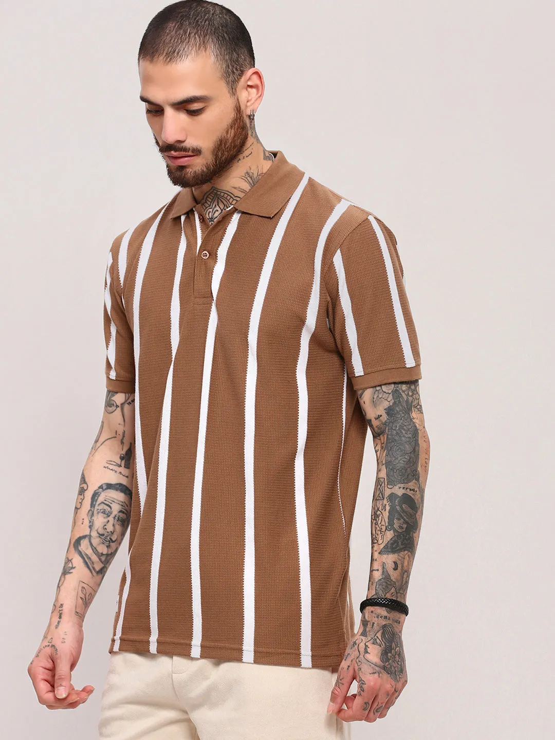 Men's Brown Striped Polo Collar Cotton T-Shirt WrinkleFreeFabric