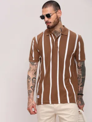 Fire Core Saga Fit Men's Brown Striped Polo Collar Cotton T-Shirt