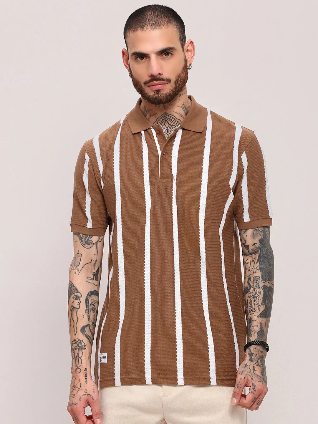 Men's Brown Striped Polo Collar Cotton T-Shirt SmoothEdgeTrim