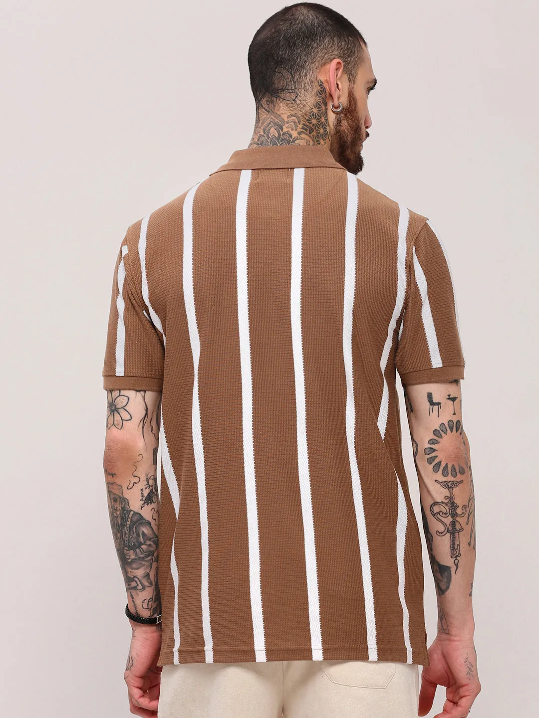 Men's Brown Striped Polo Collar Cotton T-Shirt AbrasionFree Edging Brave Fit