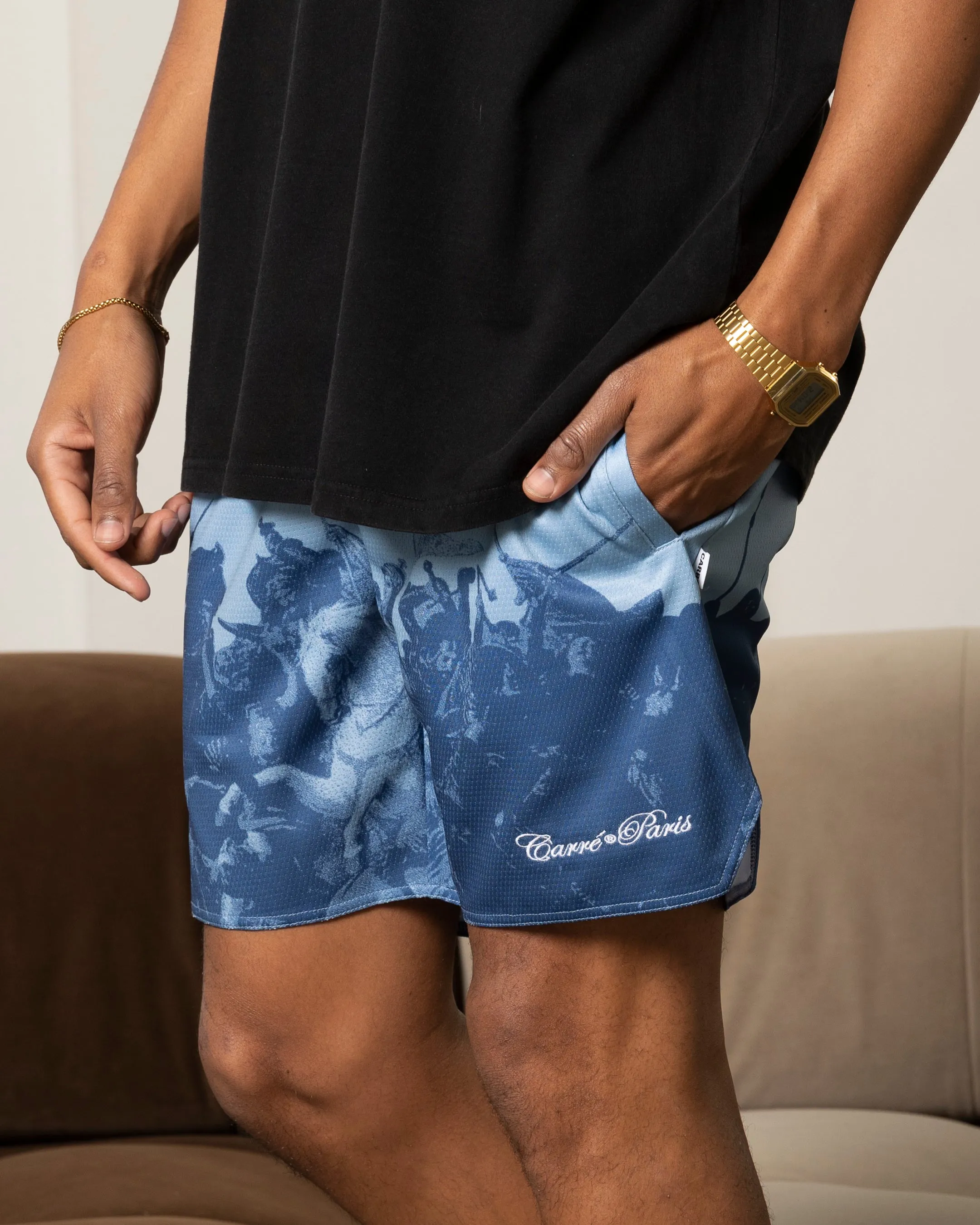 Layered Hem Detail Chic Look Carre Victory Basketball Shorts Light Blue