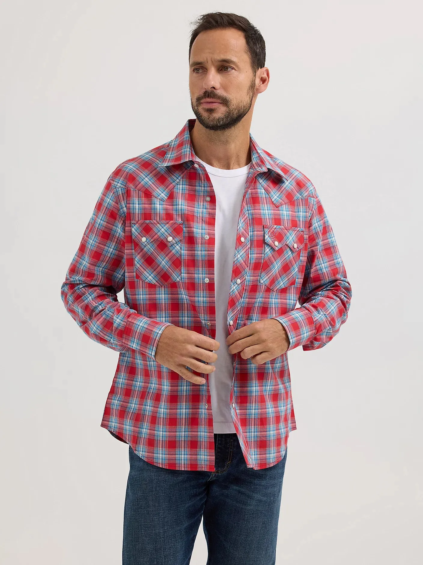 Wrangler Retro Men's L/S Sawtooth Pocket Plaid Western Snap Shirt in Cherry Red (Available in Tall Sizes) Timeless Look Wear