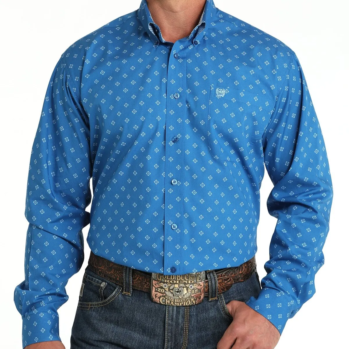 V neck elegance Cinch Men's Classic Fit Geometric Diamond Western Button Down Shirt in Royal Blue