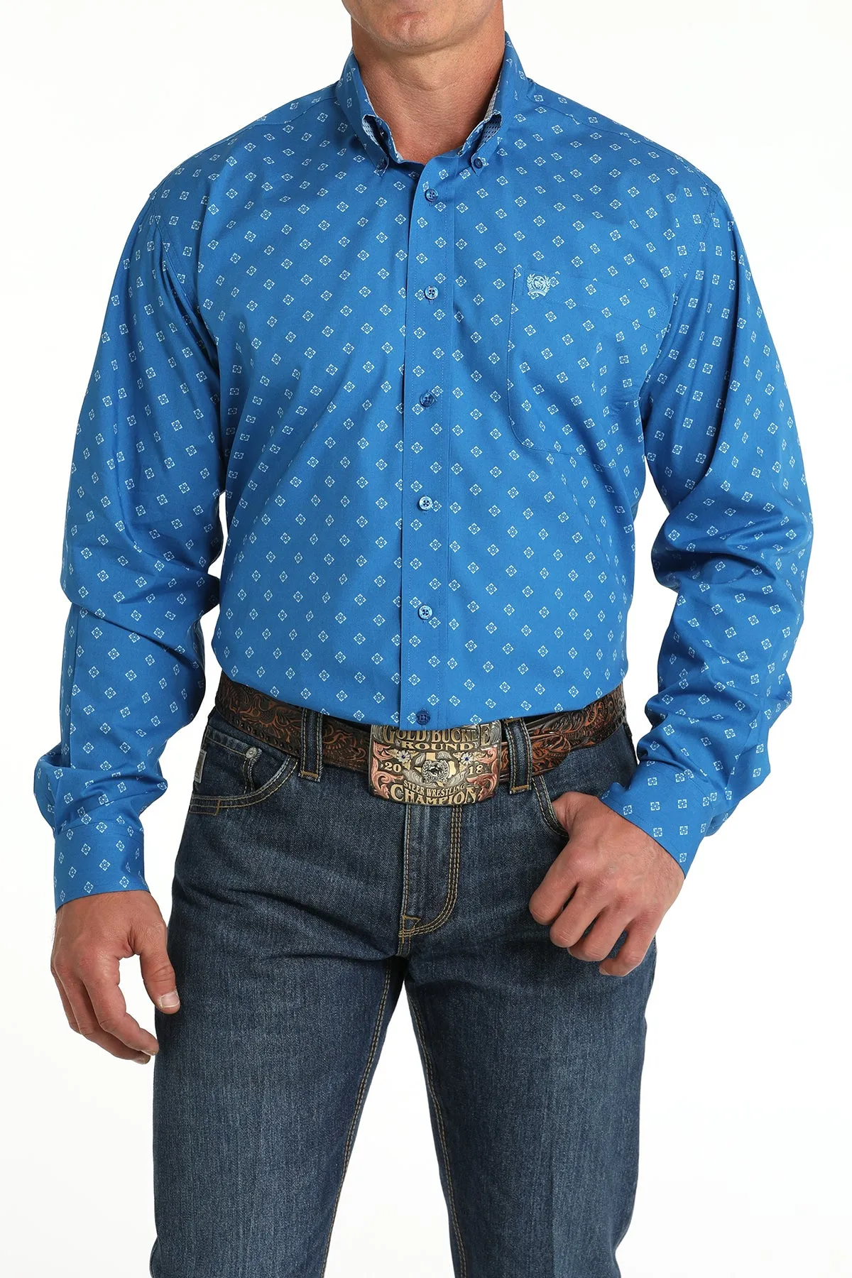 Cinch Men's Classic Fit Geometric Diamond Western Button Down Shirt in Royal Blue Everyday Casual