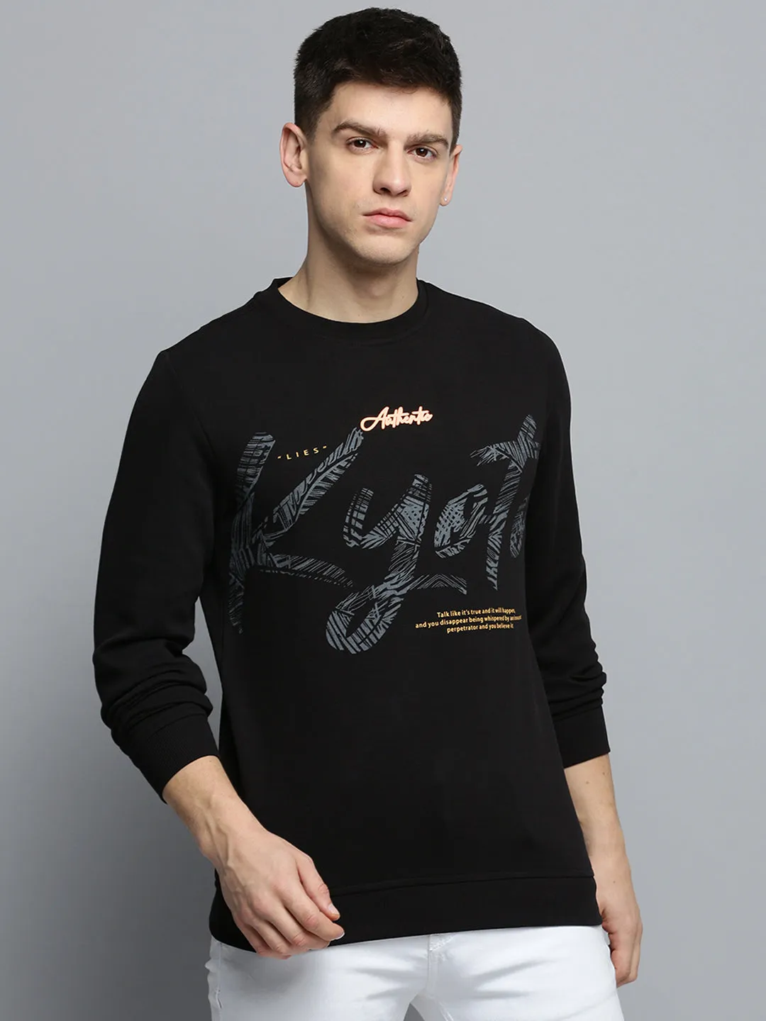 Men's Black Typography Printed Cotton Sweatshirt Layering Piece waterproof