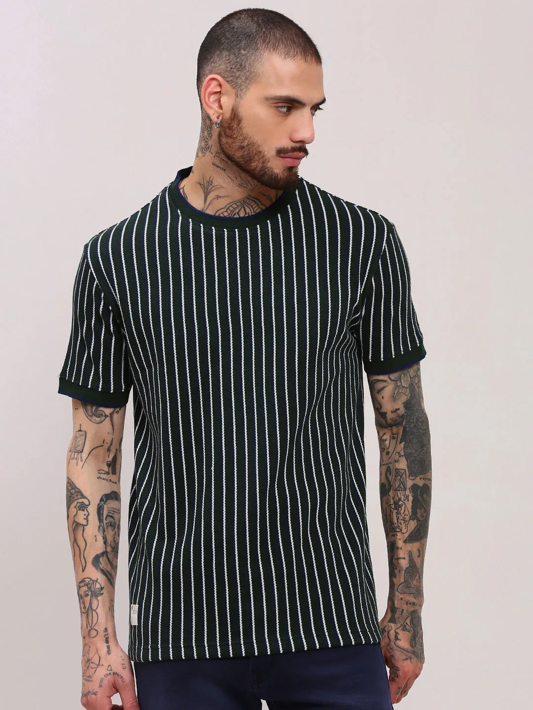 MoistureControl Fabric Men's Green Vertical Striped Round Neck Cotton T-Shirt
