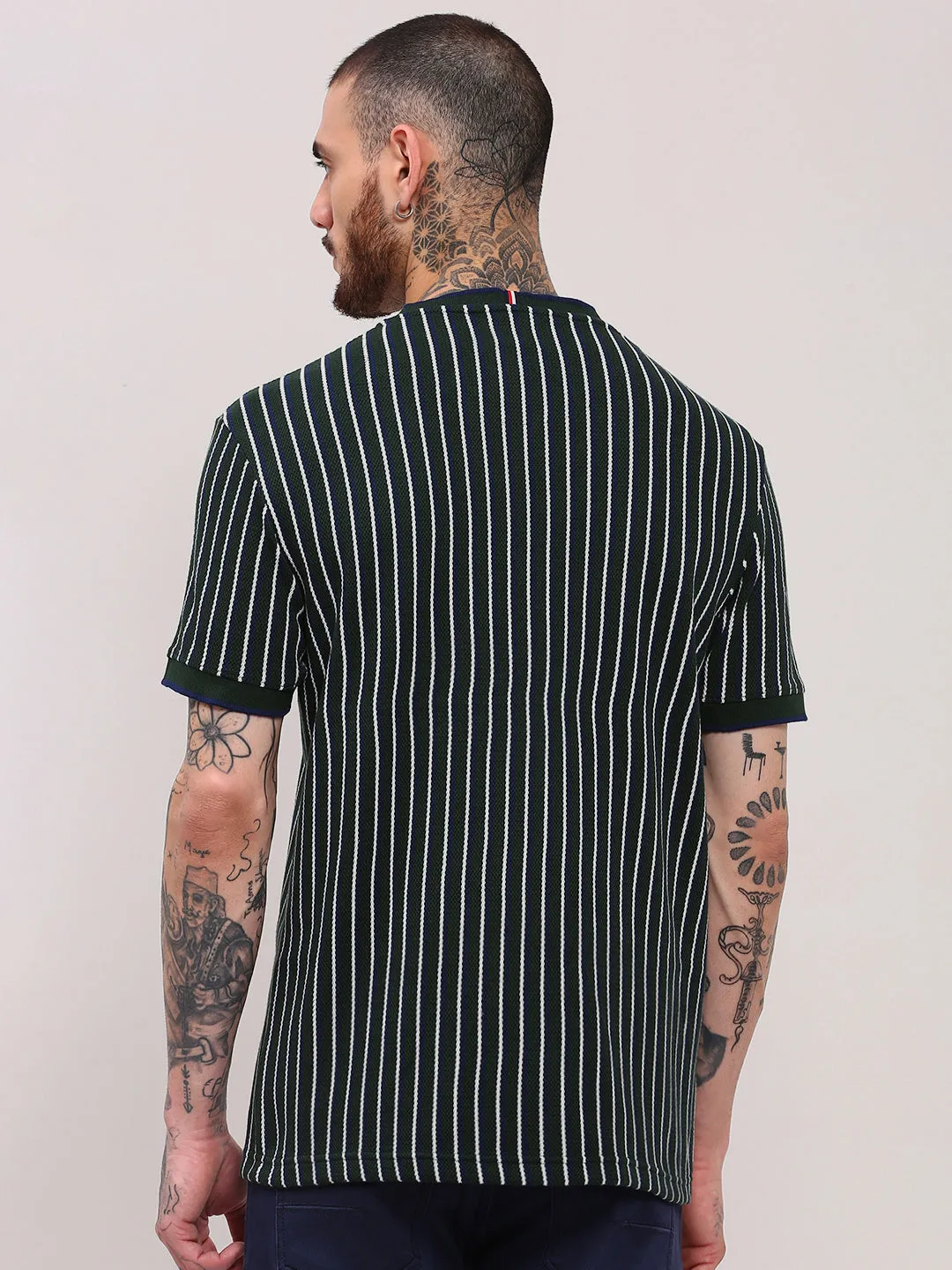 Fame Glow Men's Green Vertical Striped Round Neck Cotton T-Shirt