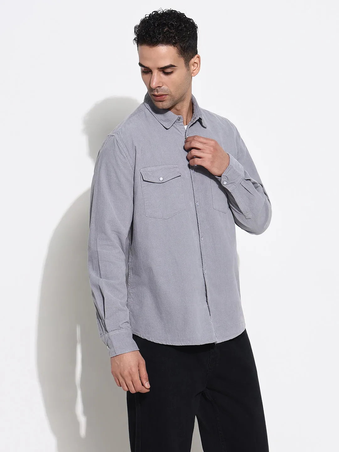 Men's Grey Solid Spread Collar Slim Fit Shirt Lounge Gear