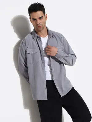 Men's Grey Solid Spread Collar Slim Fit Shirt Casual Polo Myth Soul