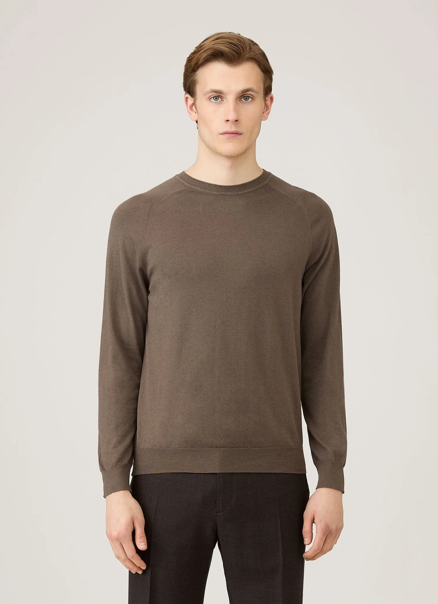 Men's Sea Island Cashmere Crew Neck Jumper in Bark Clean Style