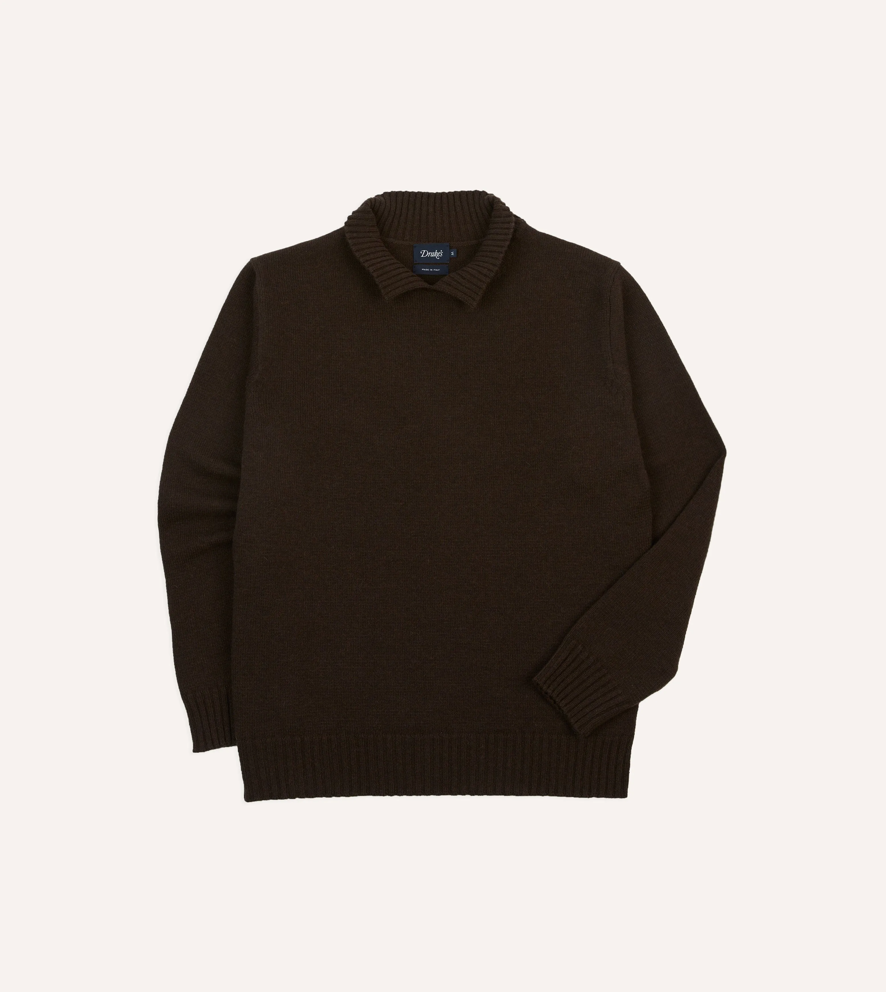 WrinkleResistant Yarn Reinforced Neckline Brown Alpaca Lambswool Ribbed Integral Collar Jumper
