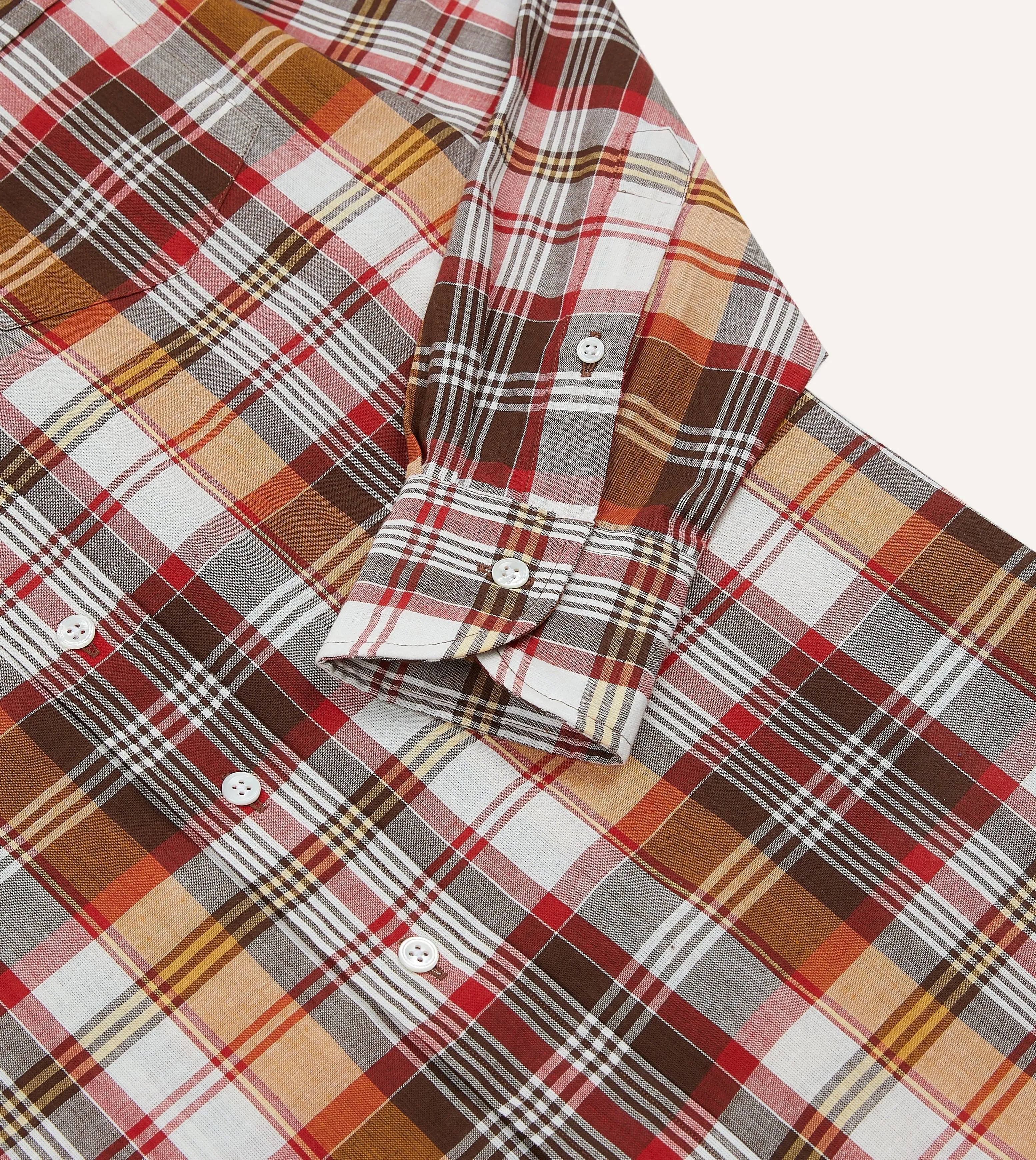 Perfect Layering Casual Look Wear Brown and Red Madras Check Cotton Button-Down Shirt