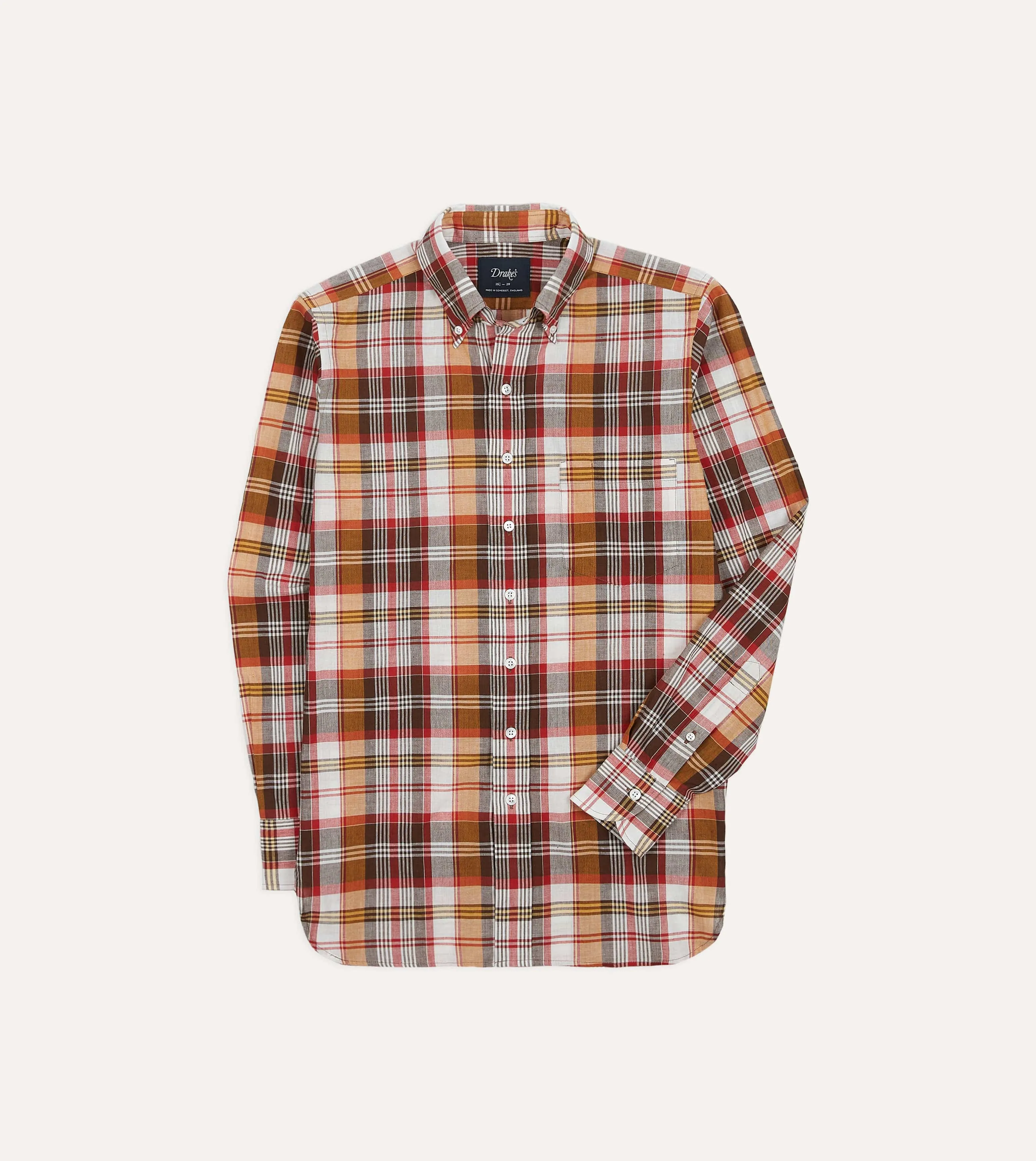 Low Profile Silhouette Comfy Casual Brown and Red Madras Check Cotton Button-Down Shirt