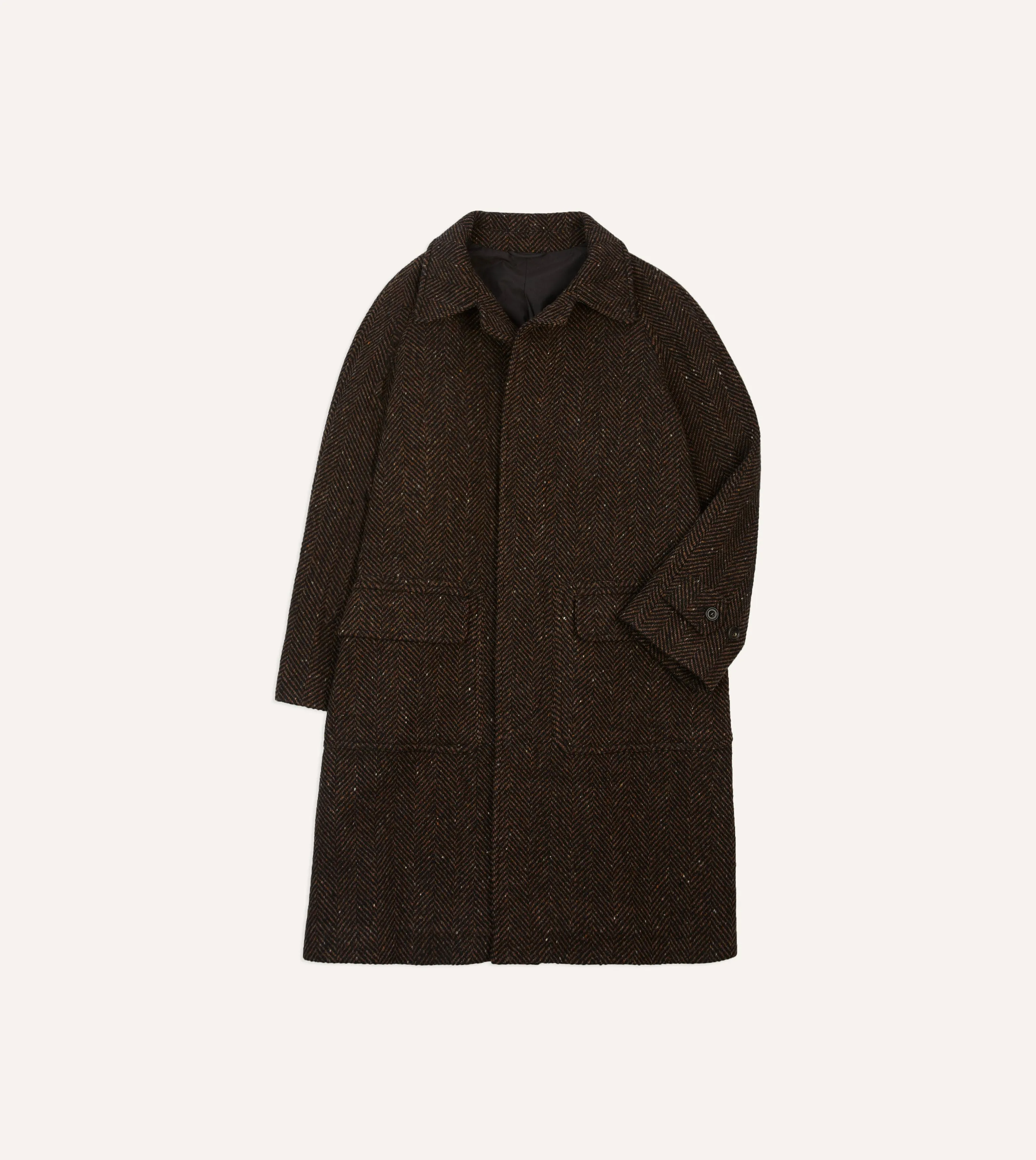 Insulated Design Brown Herringbone Wool Raglan Coat