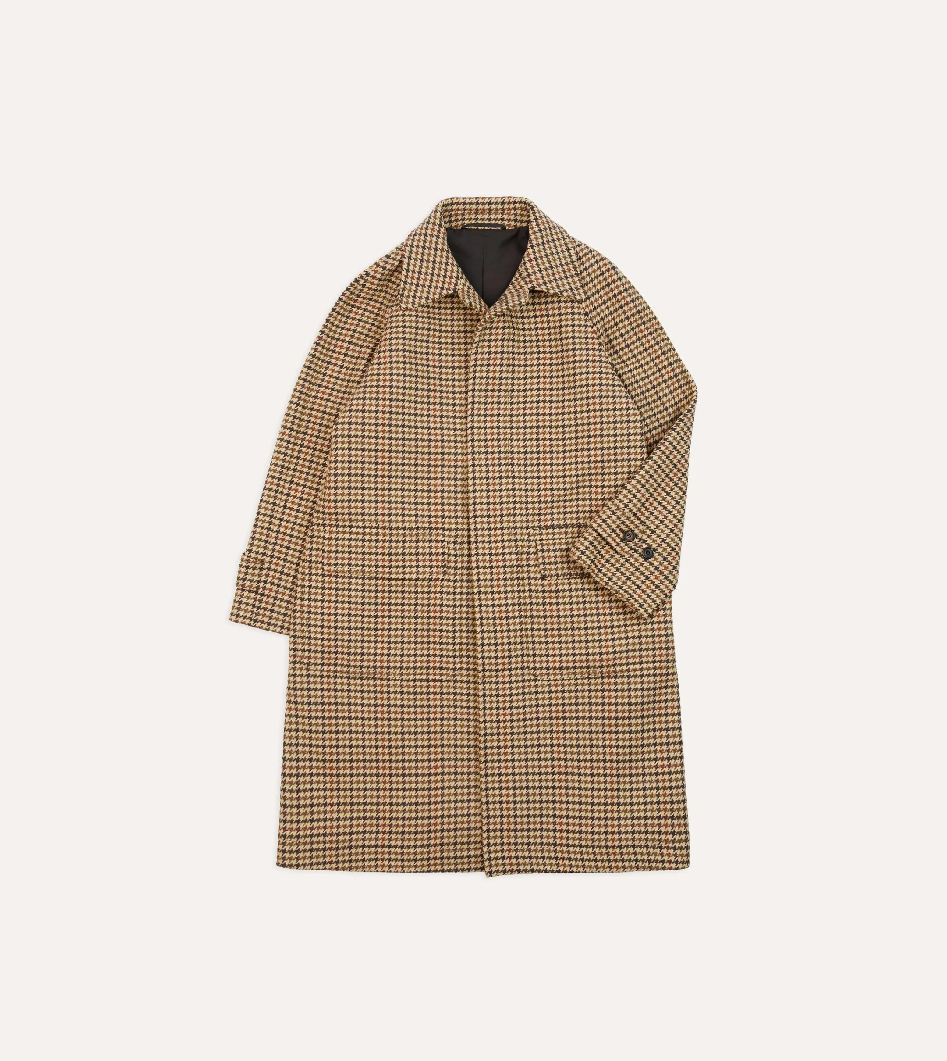 Headphone Hole Brown Houndstooth Check Wool Raglan Coat