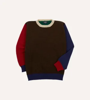 Urban Trendy Breathable Mesh Paneling Brown Multi Colourblock Brushed Shetland Crew Neck Jumper